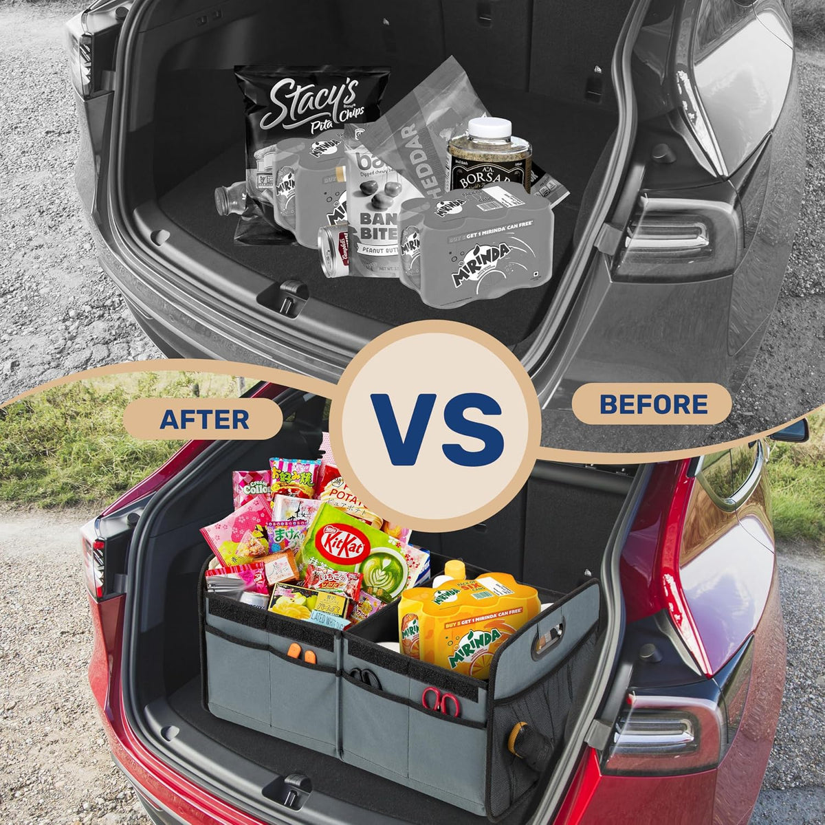 YSSOA 2 Compartments Car Trunk Organizer with Lid, 600D Oxford Polyester Car Storage, Anti-slip Collapsible Trunk Storage, Suitable for SUV, Minivan, Truck, Grey-Green