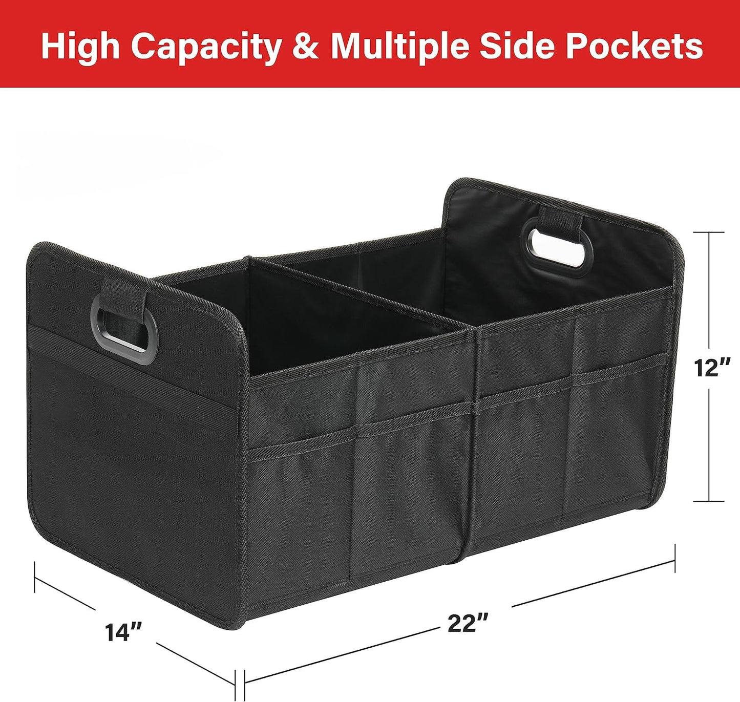 YSSOA Car Trunk Organizer, 2 Compartments Anti-slip 14" D x 22" W x 12" H Collapsible Trunk Storage, 600D Oxford Polyester Car Storage, Suitable for SUV, Minivan, Truck, Black
