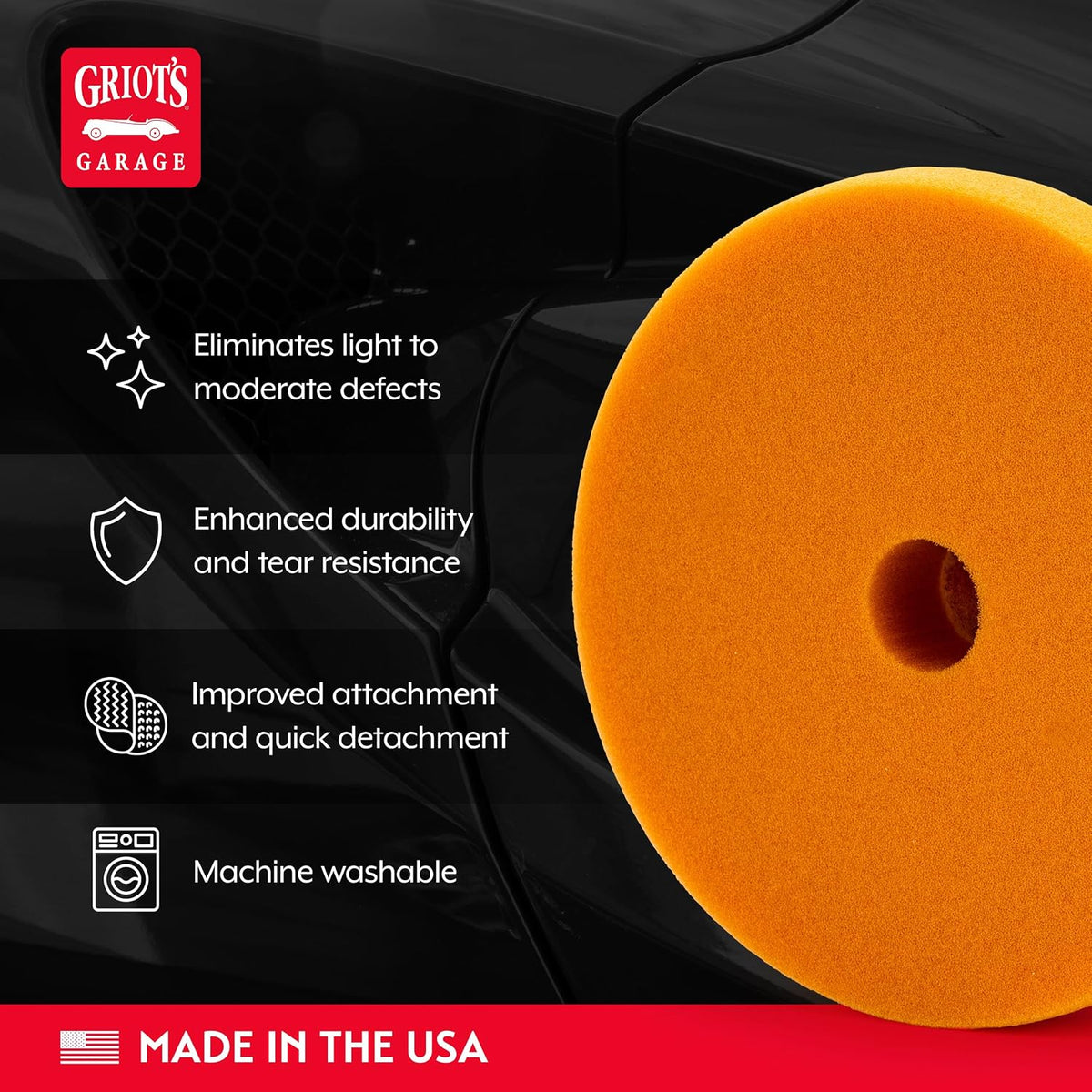 Griot's Garage Orange Foam Correcting Pads for Car Polishing and Detailing, Removes Light to Moderate Paint Defects, Durable, Machine-Washable, 10516, 5.5", Set of 2