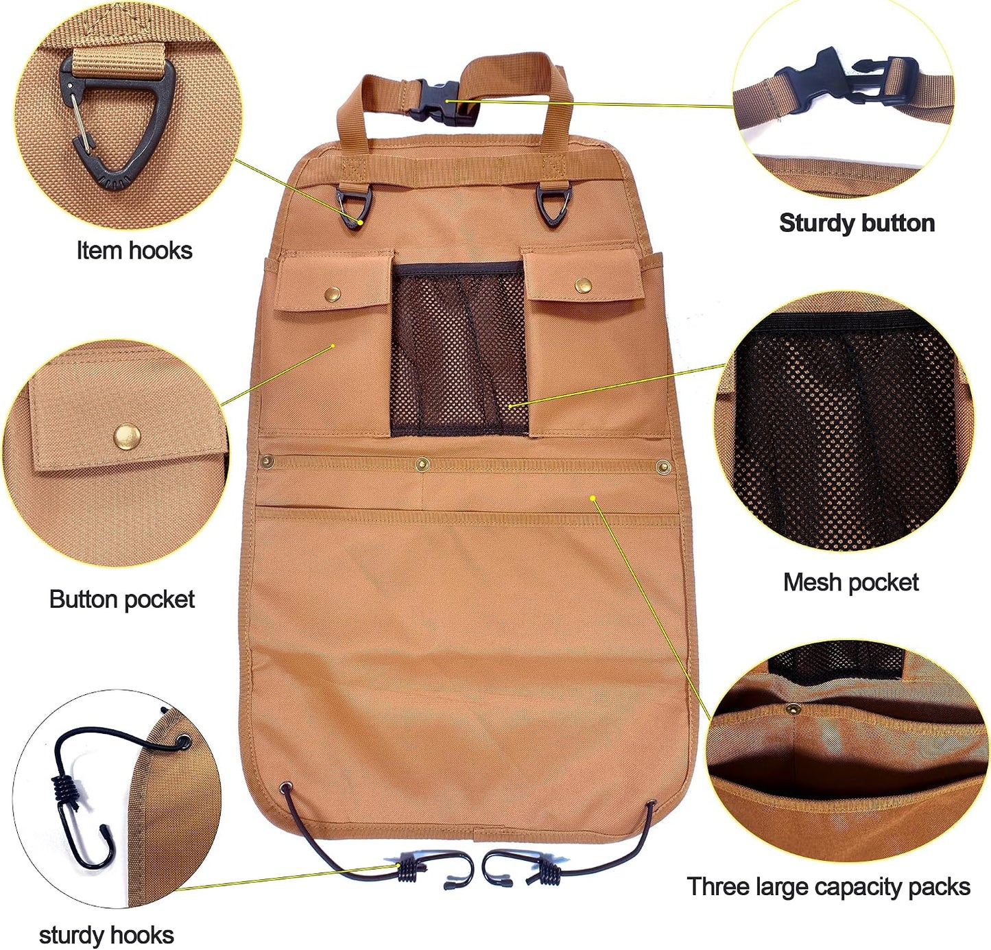 Car Seat Back Organizer with Multiple Pockets and Hooks (brown)