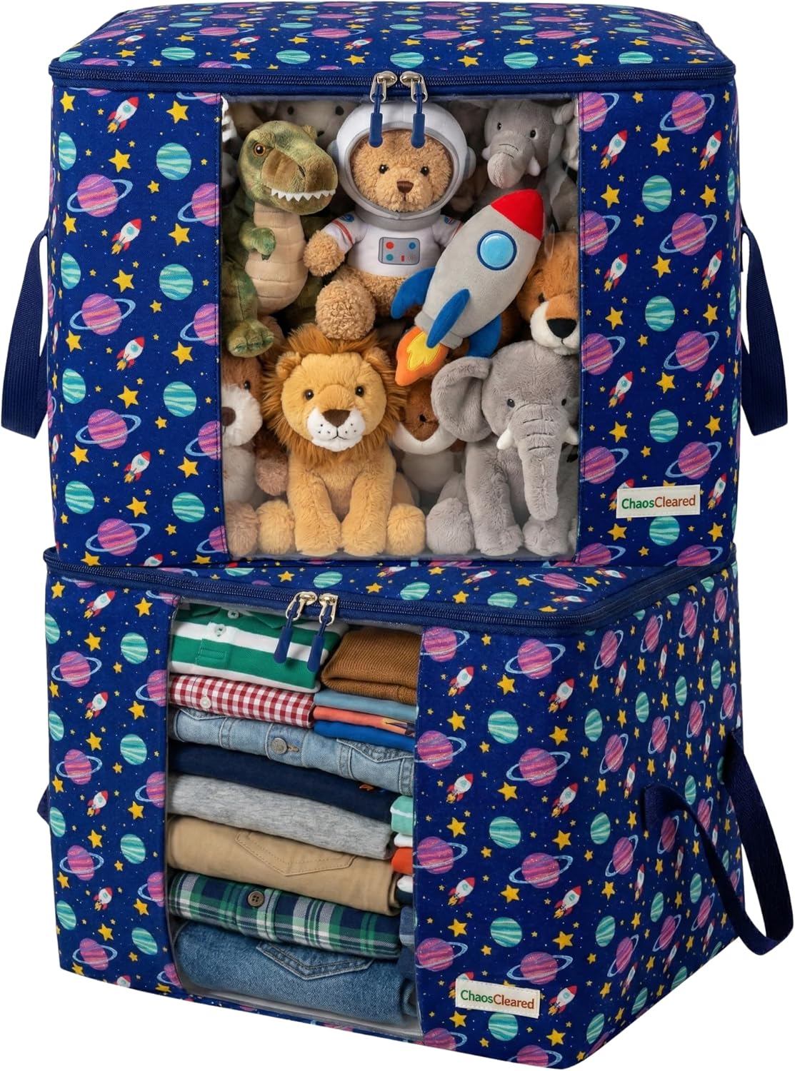Chaos Cleared Kids Storage Bags – 100% Cotton Canvas Toy & Clothes Organizer with Cute Design – Storage Bin for Stuffed Animals, Baby Items & Clothes with Zipper & Handles (Cars Boy Print)