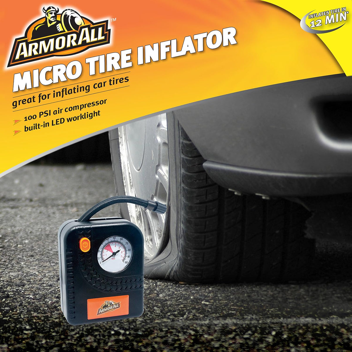 Armor All Micro Tire Inflator Air Compressor - Pump for Automobile, Car, Truck, Bike, Auto With Pressure Gauge, LED Light - 12v Portable, Battery Clips