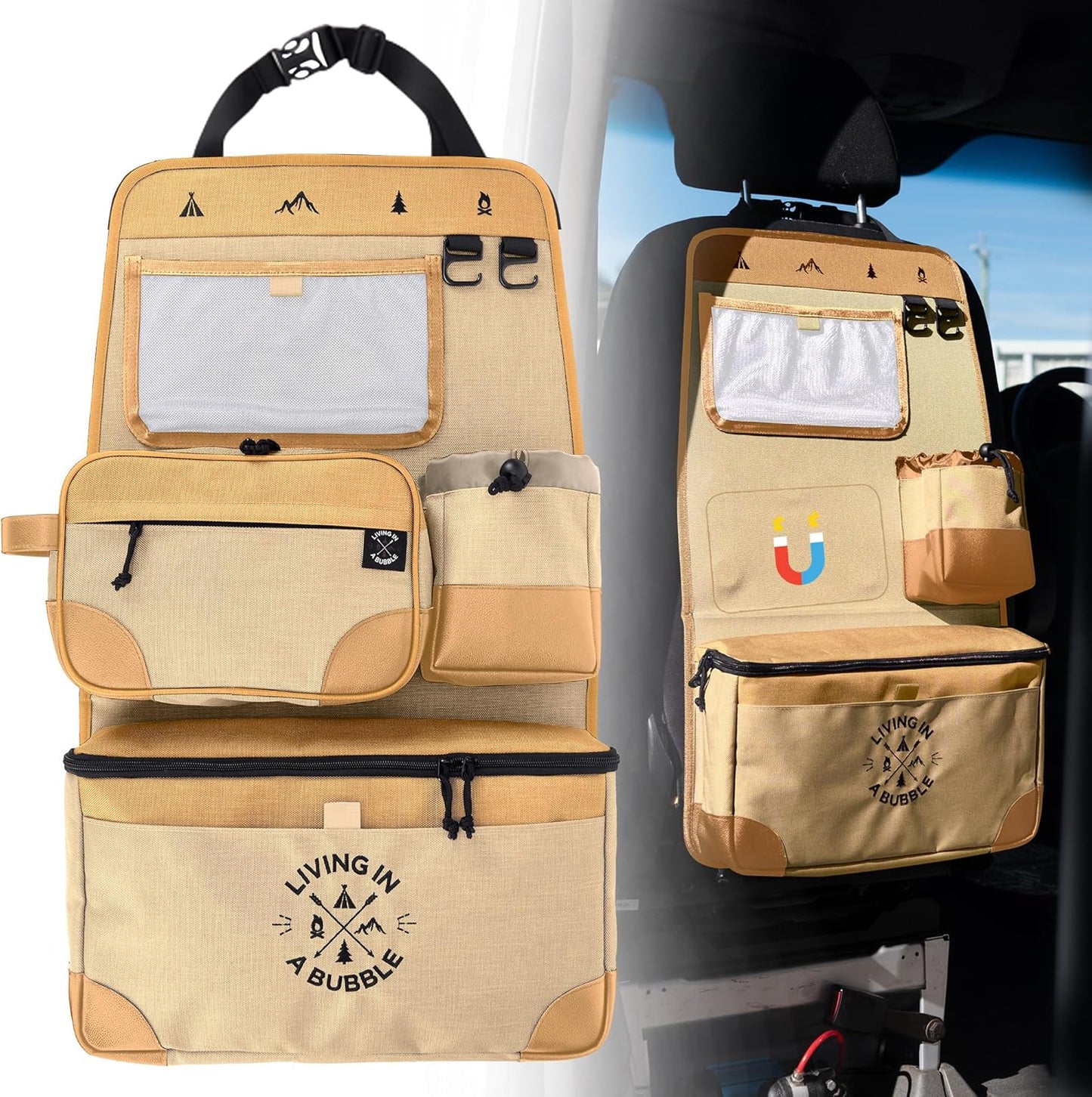 Living in a Bubble Seat back Organizer – Magnetic Toiletry and Cooler Pouch, Cordura Car Backseat Storage with Device Holder & Hooks, Multi-Compartment Utility Bag for Campervans & Family Travel