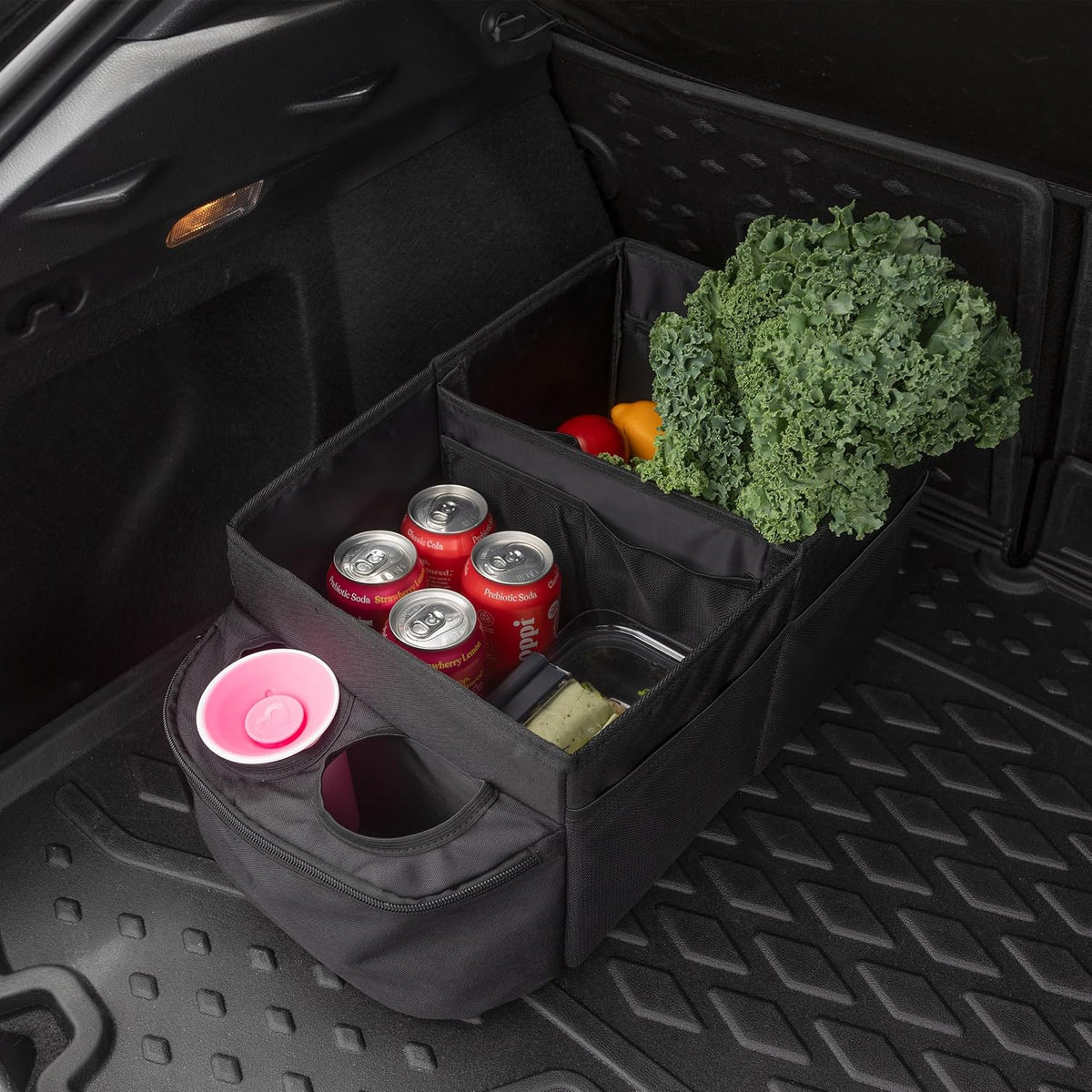 Backseat Car Organizer Back Seat or Front Car Seat Organizer - Collapsible Storage Box Caddy with 2 Cupholders and Partitions for Files, Books, Toys, Snacks, Drinks or Road Trip Essentials by Stalwart