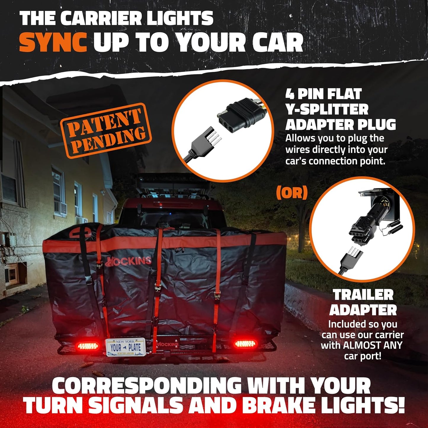Mockins 70"x30"x6" XXL Folding Trailer Hitch Cargo Carrier w/ 500 Lbs. Cap | Luggage Rack for SUV Car Truck & RV w/ 40 CuFt Waterproof Cargo Bag for Hitch Carrier | Includes Rear Lights & Plate Bracket