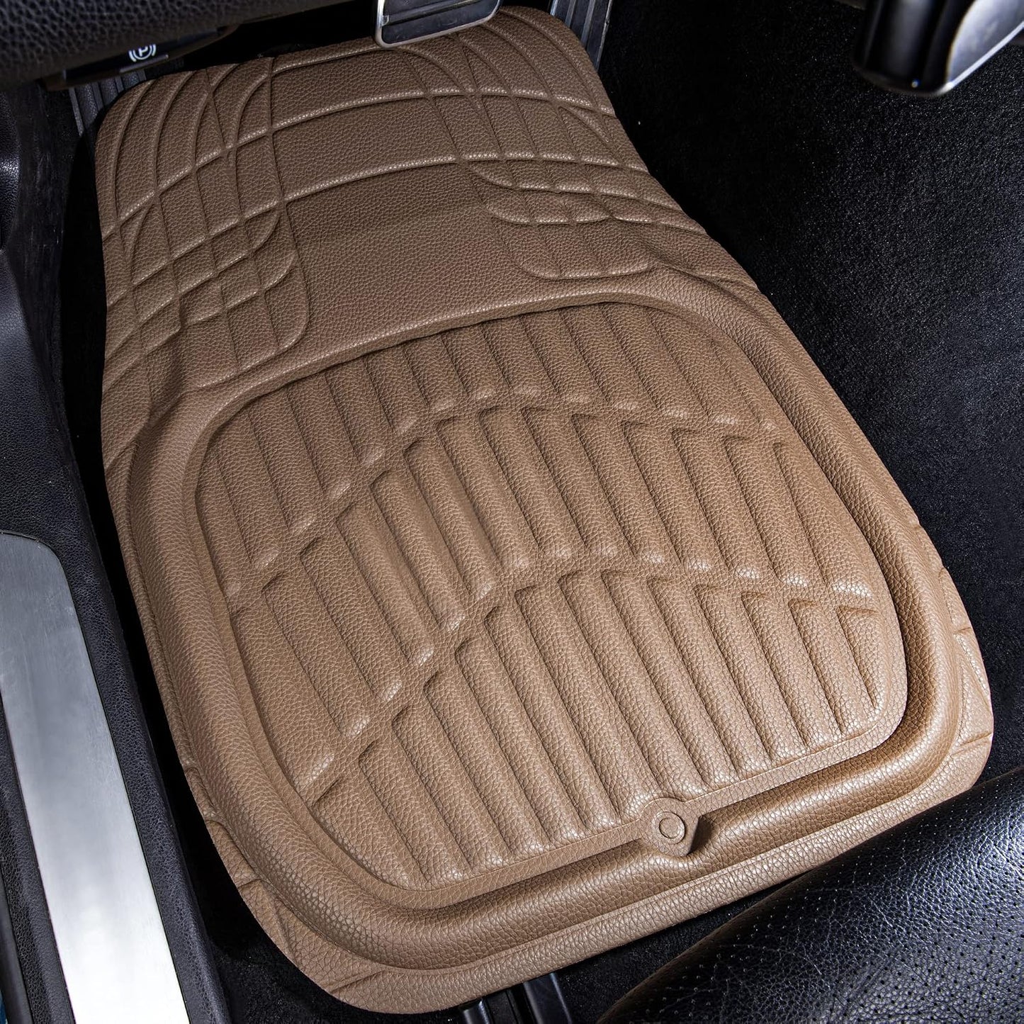 CASS Pass 4 Piece Leather Car Floor Mats -3D Waterproof All Weather, Universal Trim to Fit & Anti-Slip Burr Bottom Safety & Light Easy Clean Install for SUV Truck Auto Sedan Van (Beige)