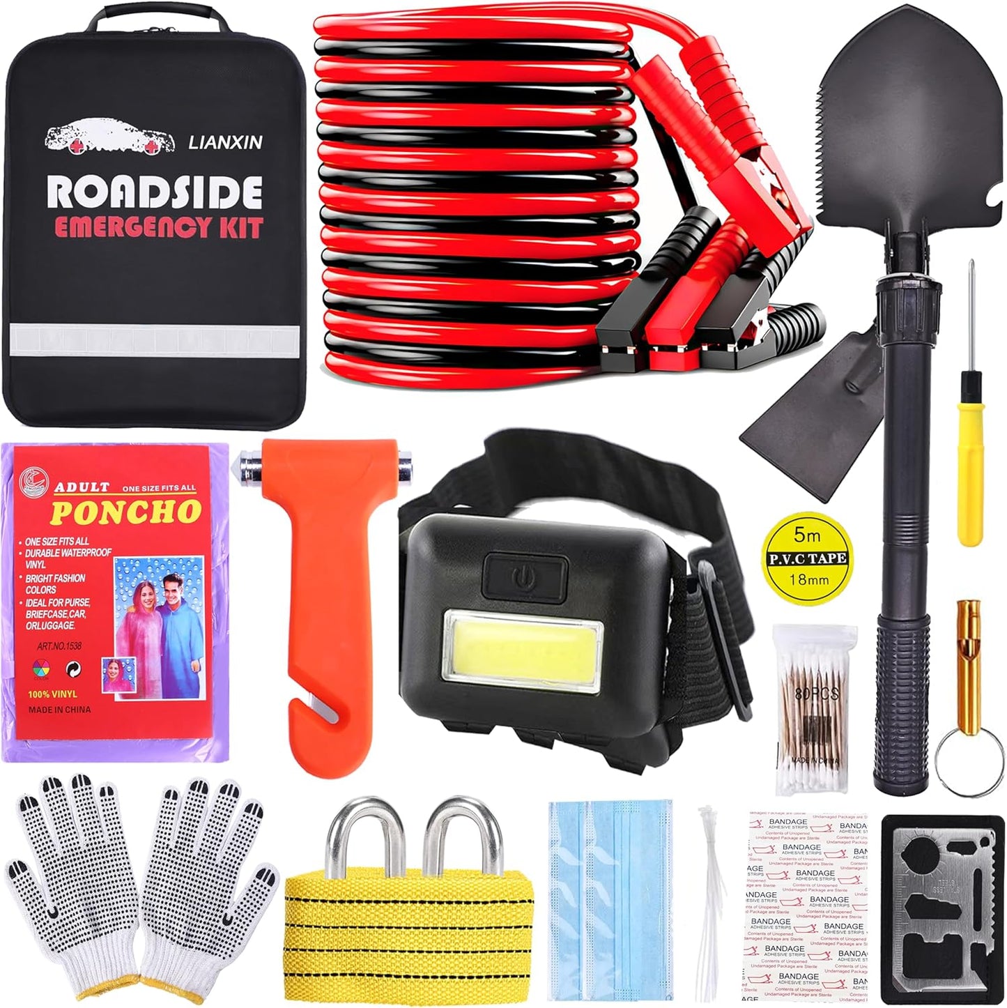 Emergency Roadside Kit with Jumper Cables Kit for Car, Safety Car Kits | Car Emergency Kit High Power Handheld Vacuum, Warning Triangle, Safety Hammer, Tow Rope, Gifts for New Drivers