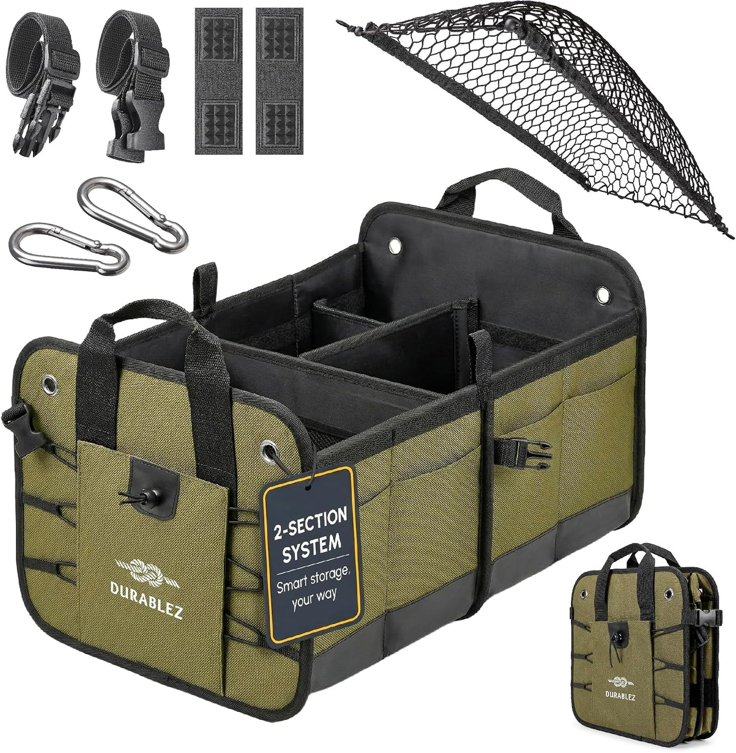 Heavy Duty Foldable Trunk Organizer 2-Section – Dual-Compartment Car Cargo Box with Non-Slip Pads & Removable Dividers – Green