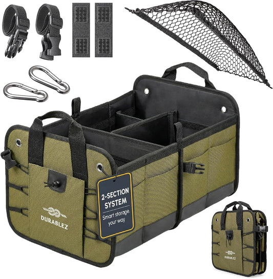 Heavy Duty Foldable Trunk Organizer 2-Section – Dual-Compartment Car Cargo Box with Non-Slip Pads & Removable Dividers – Green
