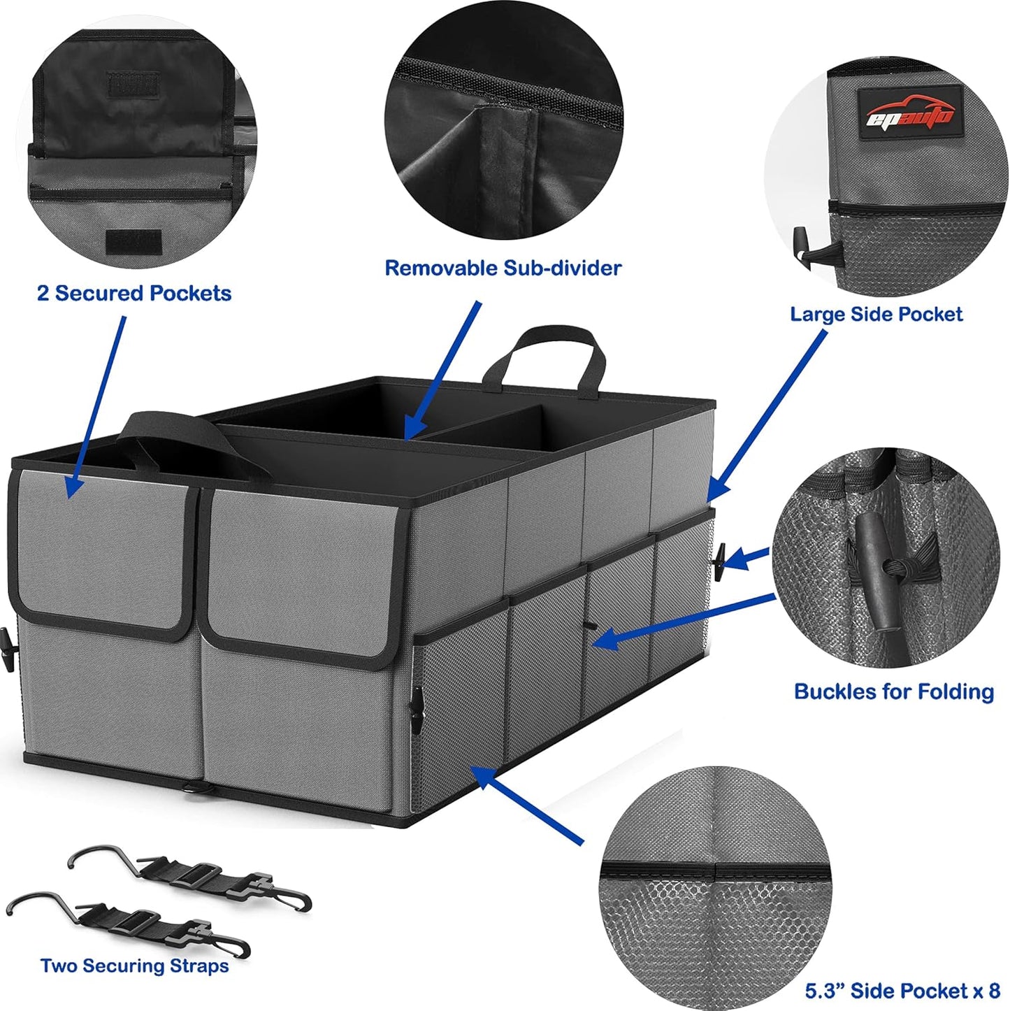 EPAuto Foldable Car Trunk Organizer for SUV, 3-Compartment, Dark Gray | with Removable Divider, Side Pockets and Securing Straps