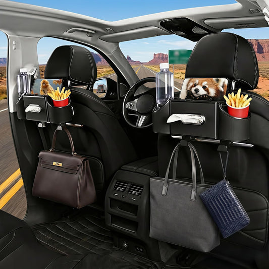 Back Seat Car Organizer, Nappa Leather Car Seat Organizer with Cup Holders and Tissue Box, Premium Hanging Storage Bag for SUV Truck Road Trip (2 PCS)