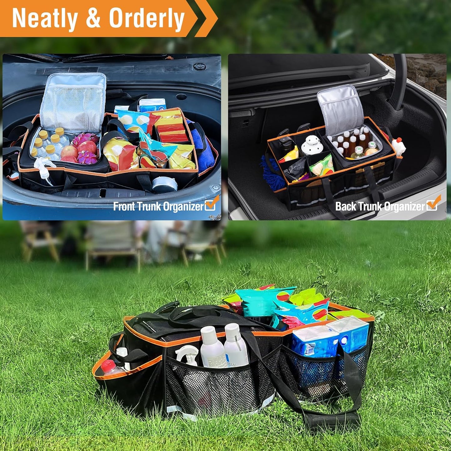 Rifachua Car Front Trunk Organizer with Cooler Bag Compatible with Tesla Model Y Model 3 2020-2026, Foldable Grocery Frunk Storage Bag Collapsible for Car SUV with Multi Compartment，Black