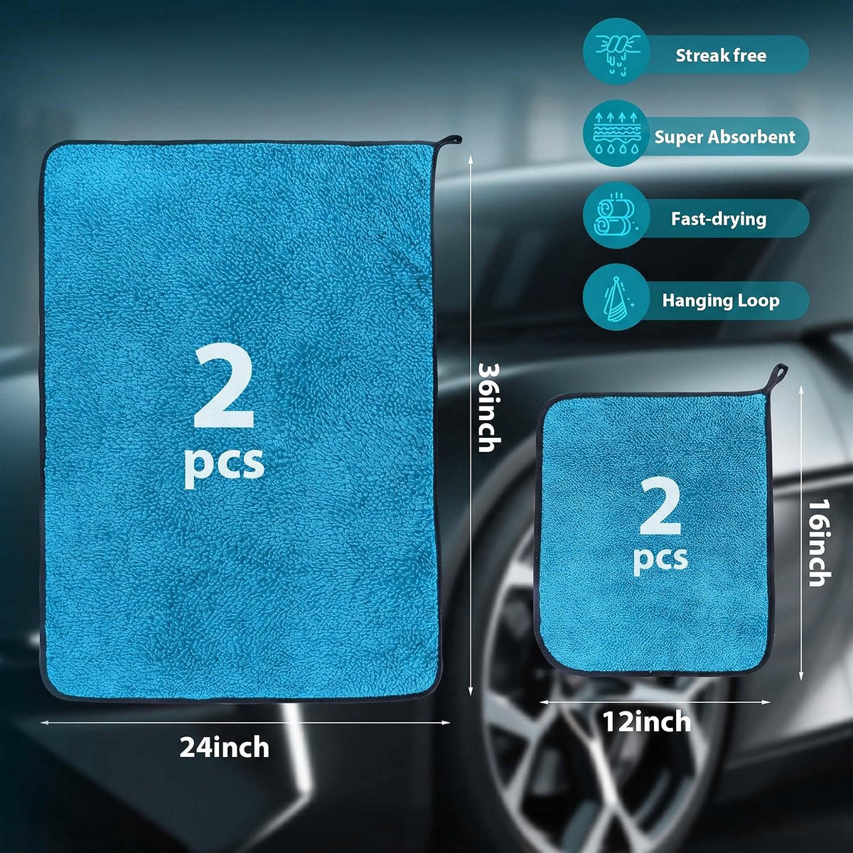 Car Drying Towels - 4 Pack Blue Microfiber Detailing Cloths, 36 x 24 In