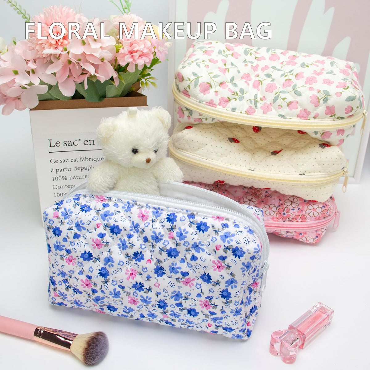 PAZIMIIK Small Quilted Makeup Bag,Zipper Cosmetic Pouch,Floral Blue,6 Pack