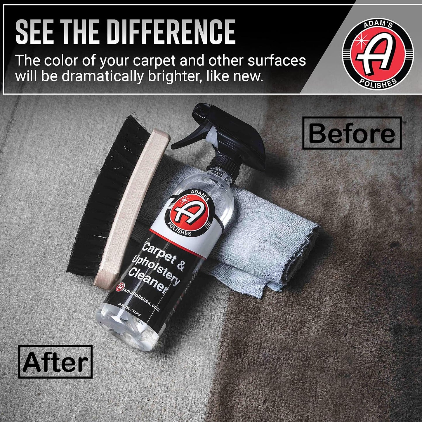 Adam's Polishes Carpet & Upholstery Cleaner (16oz) - Powerful Car Carpet Cleaner For Auto Detailing, Cloth & Fabric Interior Cleaning Solution, Stain Remover For Car Seat, Floor Mats & More