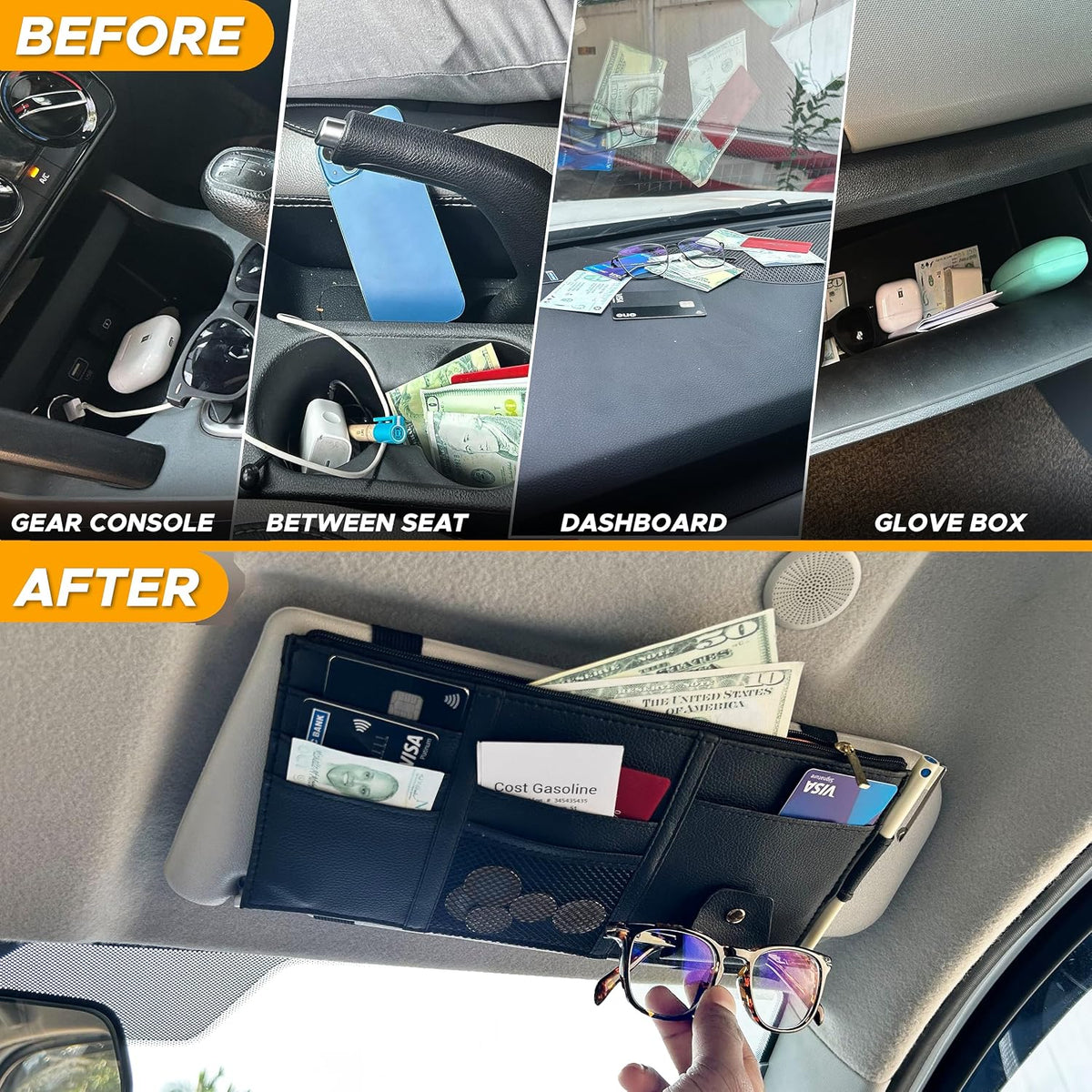 EcoNour Car Sun Visor Organizer (Black) | Multi-Pocket Net Zipper Case