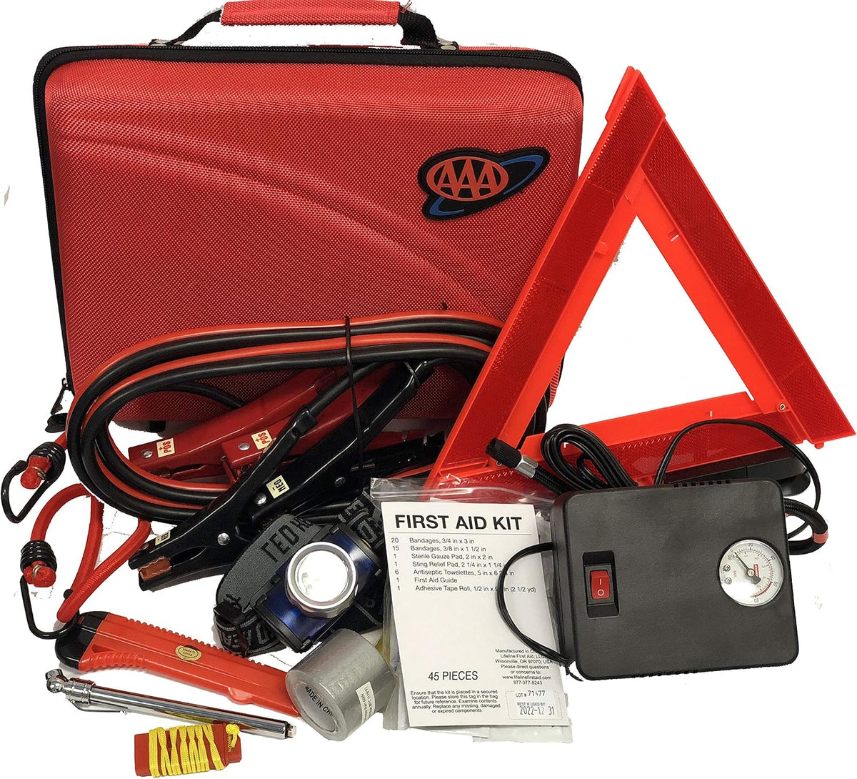 Lifeline AAA 4365AAA Destination Road, 68 Piece Emergency Car Tire Inflator, Jumper Cables, Headlamp, Warning Triangle and First Aid Kit