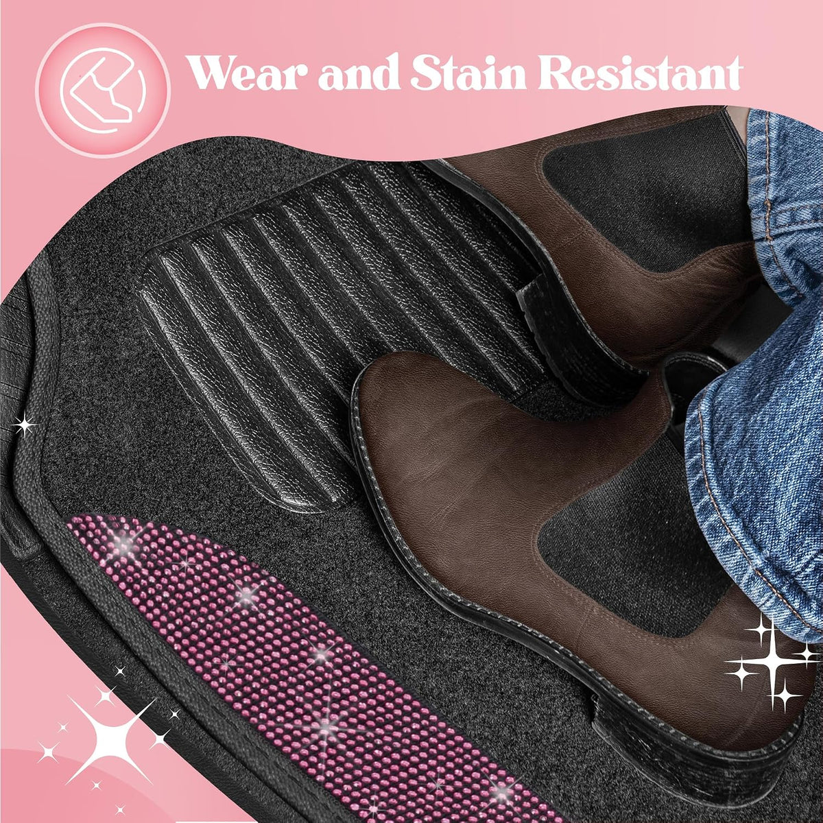 Carbella Diamond Bling Car Mats 4-Piece Set, Shiny Rhinestone Crystal Carpet Car Floor Mats, Two-Tone Floor Mats for Cars, Cute Automotive Interior Car Accessories for Women (Pink)
