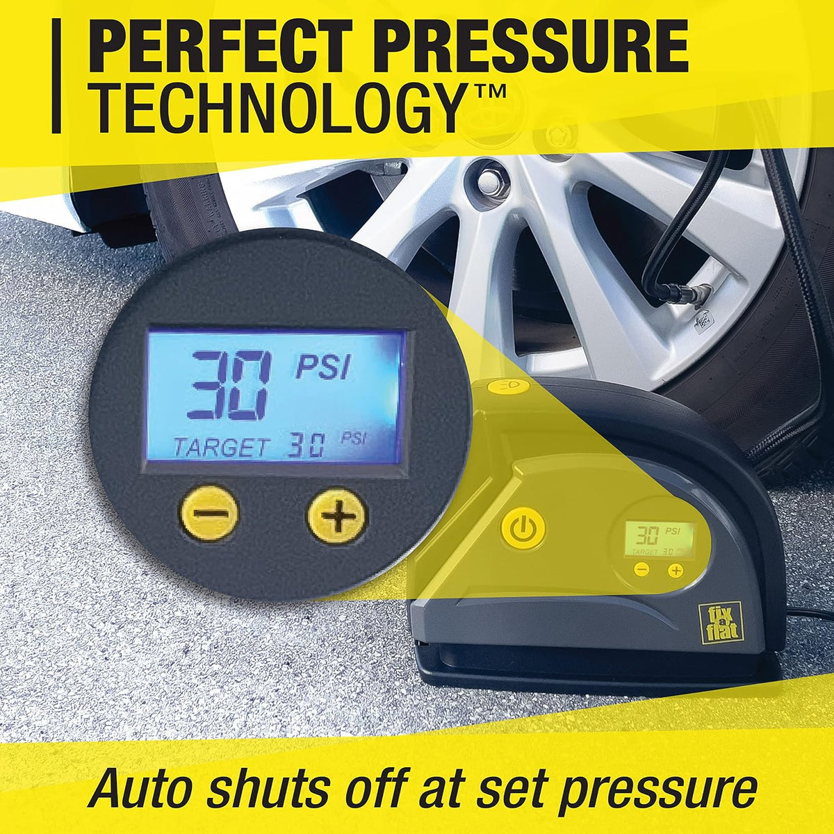 Fix-a-Flat S40074 Tire Inflator, Portable Car Air Compressor, Inflate Right automatic shut off, with Digital 99 psi Display, Long Hose and LED Light, 12V, 6 min inflation