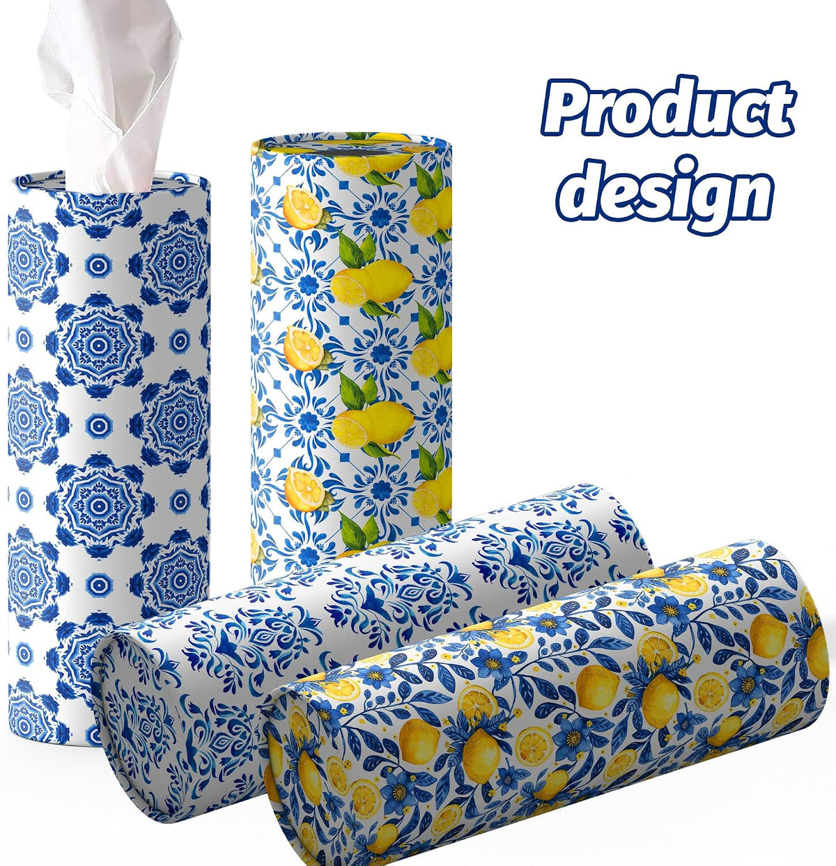 4 Pcs Capri Lemon Round Tissues Box Car Holder Set - Blue & White Mediterranean Lemon Travel Tubes for Car with 50 Sheets Cylinder Face Towel Containers | 2.7" x 7.1" Cup Holder Fit, 4 Unique Designs