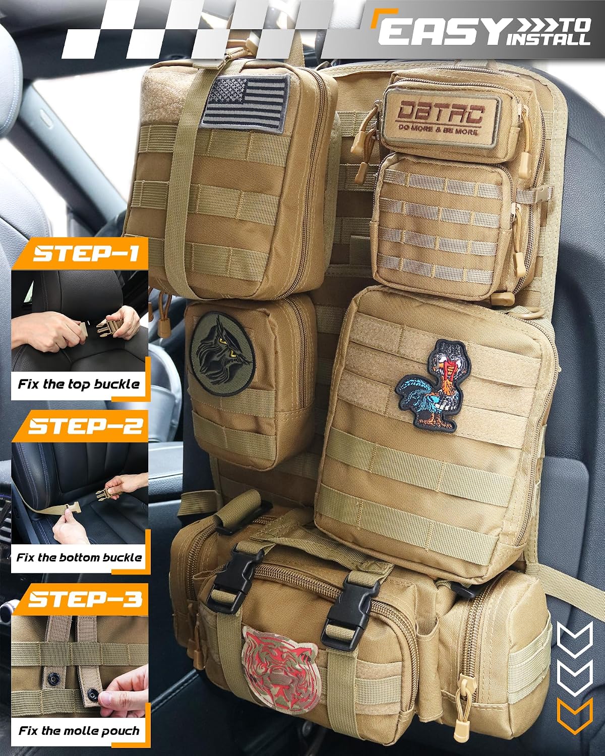 DBTAC Tactical Molle Car Seat Organizer | Vehicle Back Panel with 5X Detachable Pouches, US Flag & Writable Reflective Patch for Cars, Trucks, SUVs, Sedans