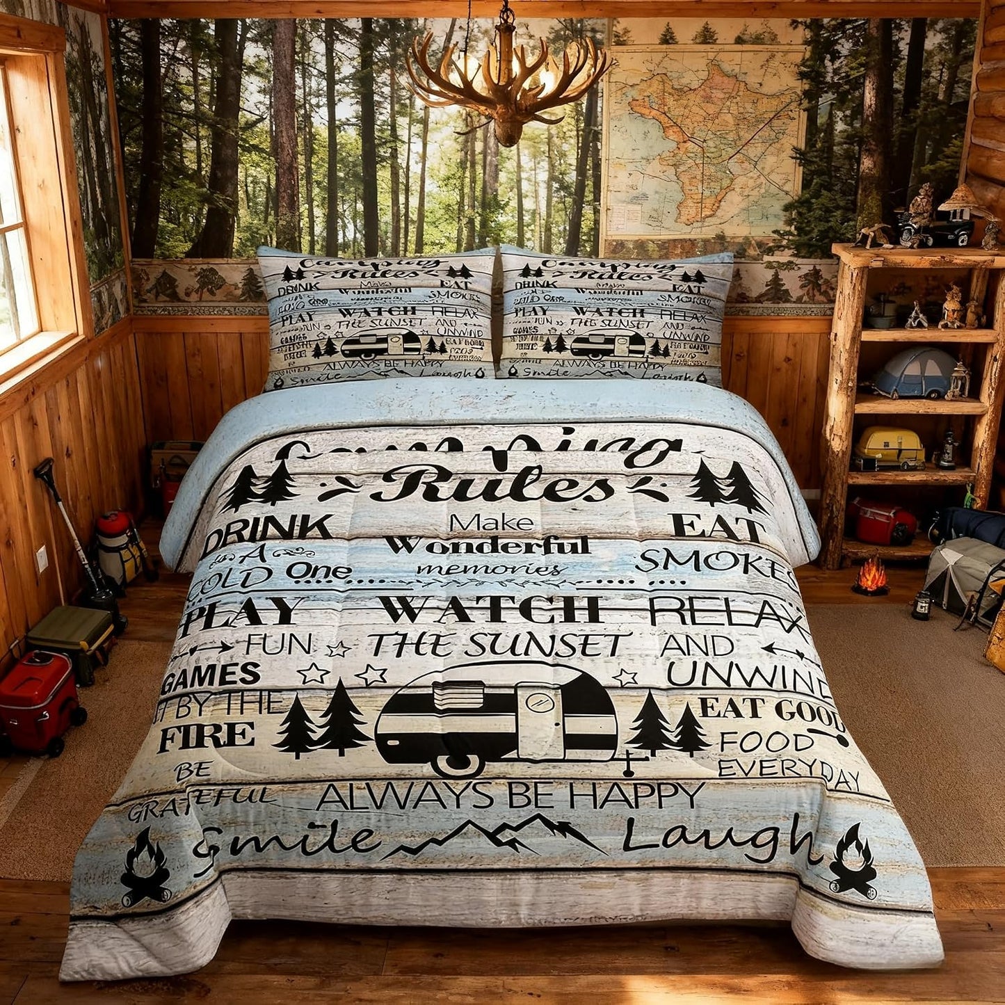 Manfei Rustic Adventure Camper Kids Comforter Set Twin Size,Happy Camping Cabin Lake House Bedding Set,Girls Boys Room Decor,Cottage Wooden Door Quilt Comforter,Country Duvet Insert,1 Pillowcase