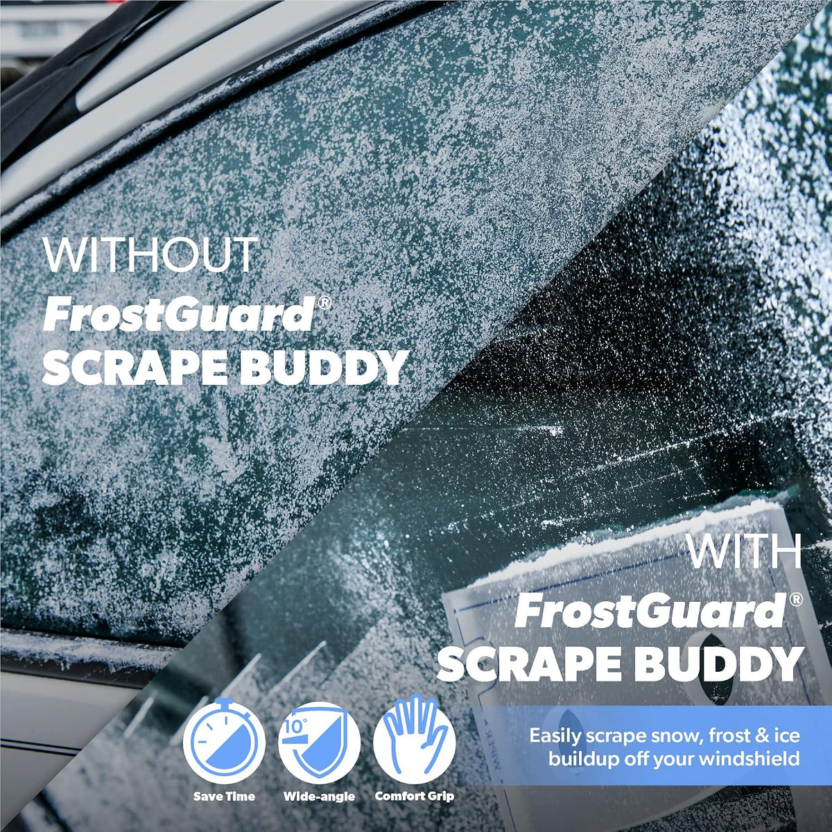 FrostGuard Scrape Buddy Car Ice Scraper Scrape with a Smile - Quickly Remove Frost, Ice and Snow from Your Vehicle Windows and Wiper Blades - Acrylic with Comfort Neoprene Sleeve - Clear Frost
