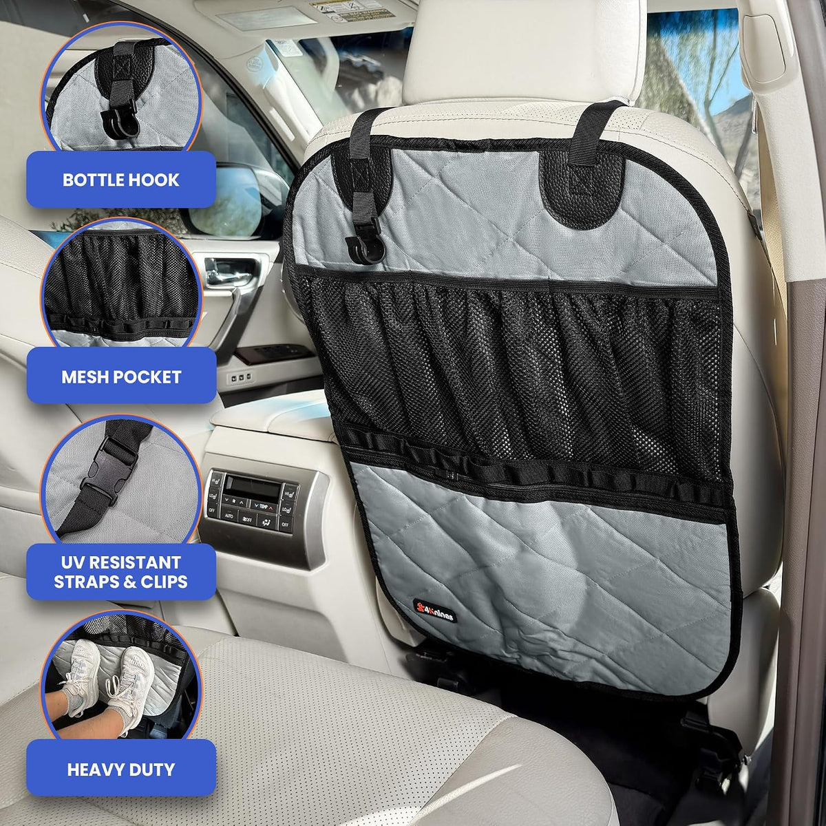 4Knines Car Seat Back Organizer – Heavy-Duty Kick Mat, Mesh Pockets, Grey