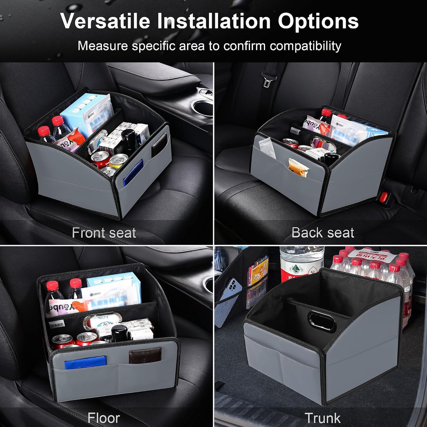 Car Storage Organizer [2025 UPDATED] Leather Car Caddy Basket for Front Seat Floor Back Seats Metal Handle 6 Compartments Adjustable Strap Buckles Slip-Resistant (Gray)