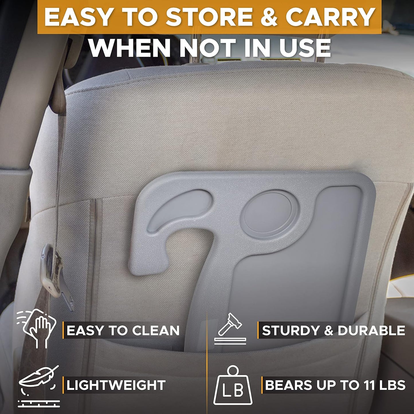 EcoNour 2 in 1 Car Steering Wheel Desk | Steering Wheel Tray for Laptop Car Mount with Pen Holder | Car Food Grey Tray for Eating with Drinks Holder | Multipurpose Travel Car Accessories