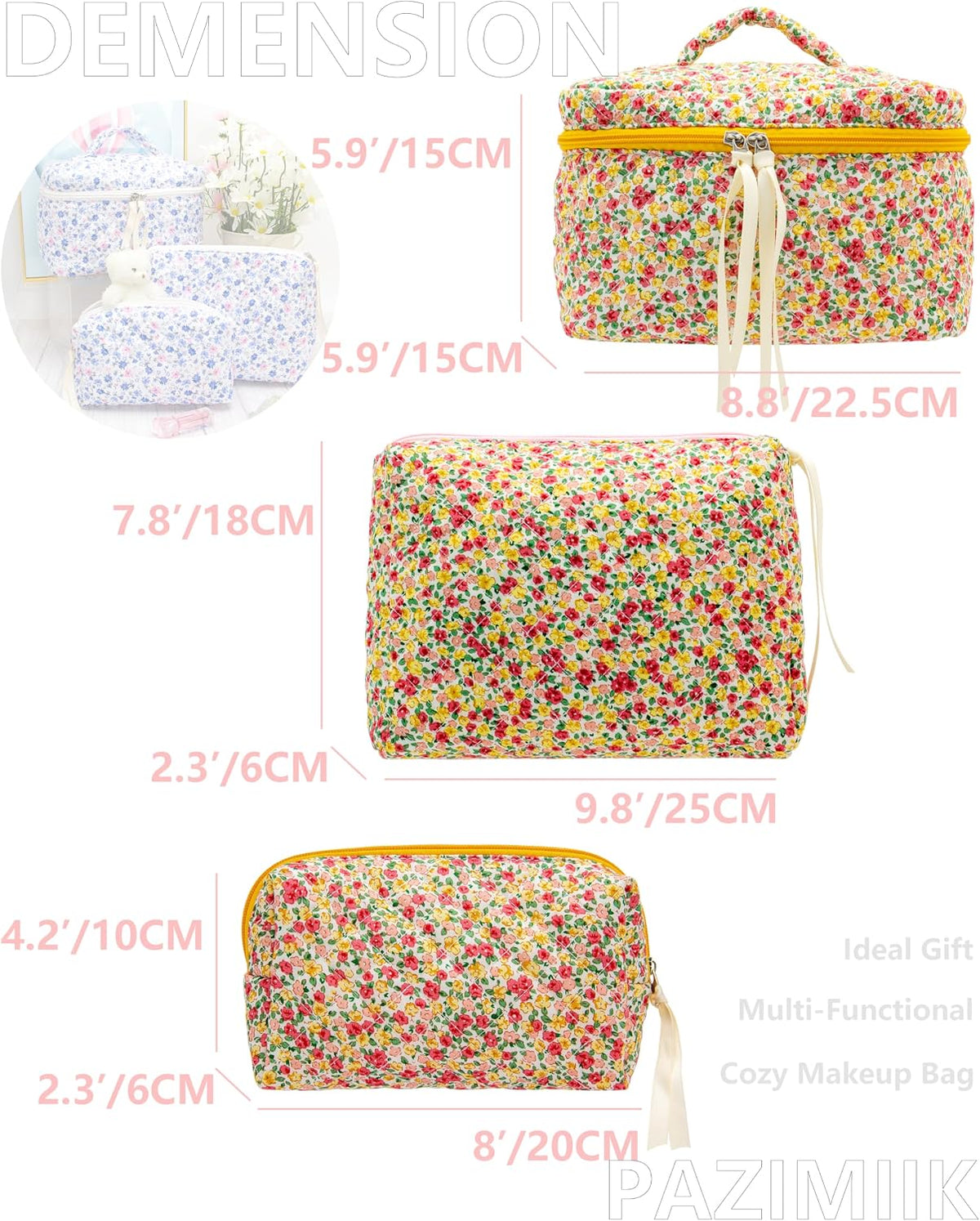3 Piece Quilted Makeup Bag Set for Women,Cosmetic&Toiletry,Little Flower