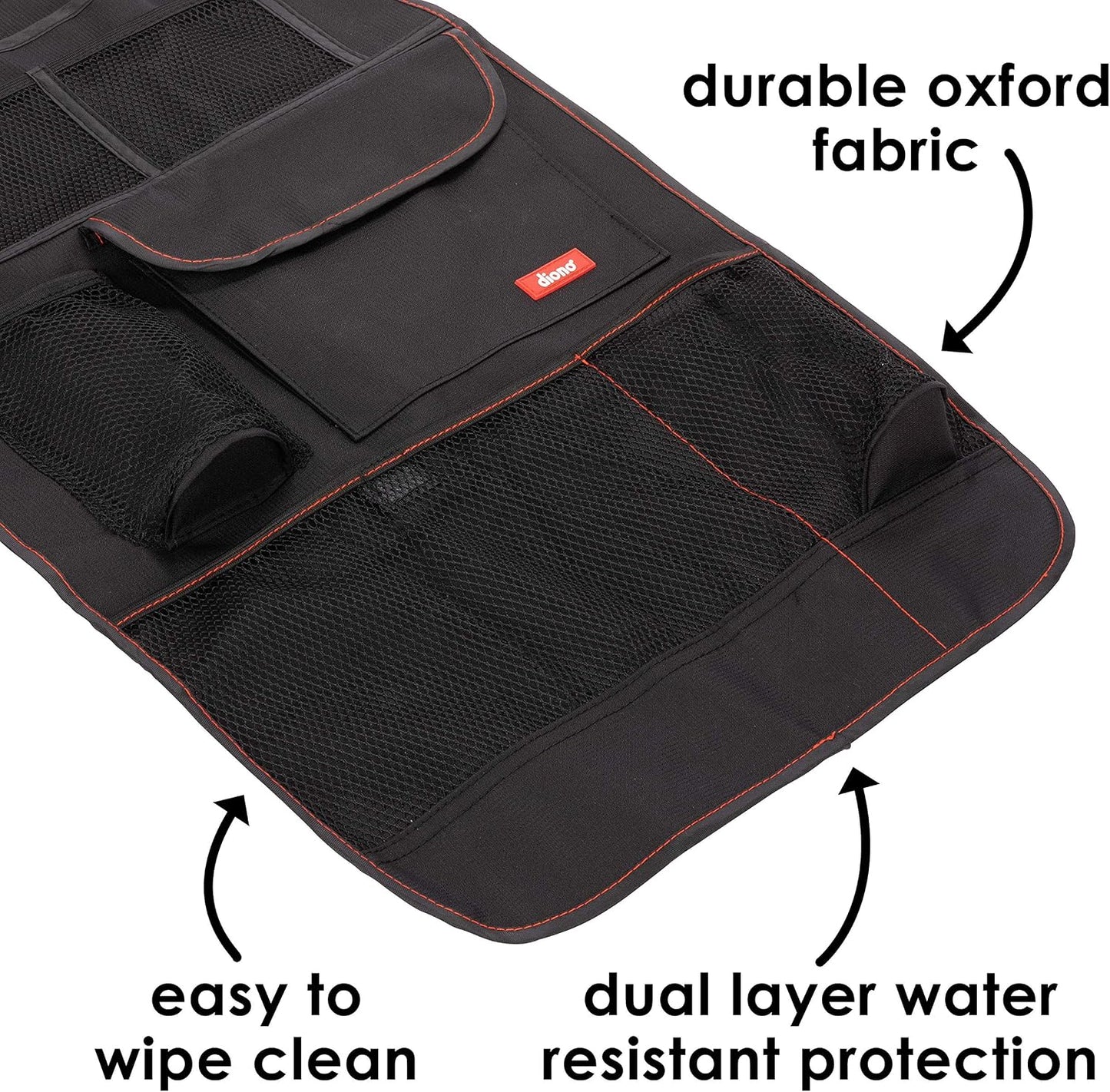 Diono Stow 'n Go Car Back Seat Organizer for Kids, Kick Mat Back Seat Protector, with 7 Storage Pockets, 2 Drinks Holders, Water Resistant, Durable Material, Black , 18x10x9 Inch (Pack of 1)