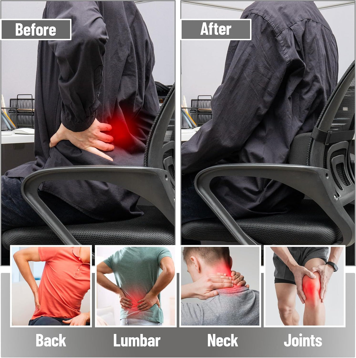 Mind Reader Lumbar Roll Pillow with Air-Cloud Memory Foam, Back, Waist & Hip Support, Breathable Cover & Adjustable Strap, Black