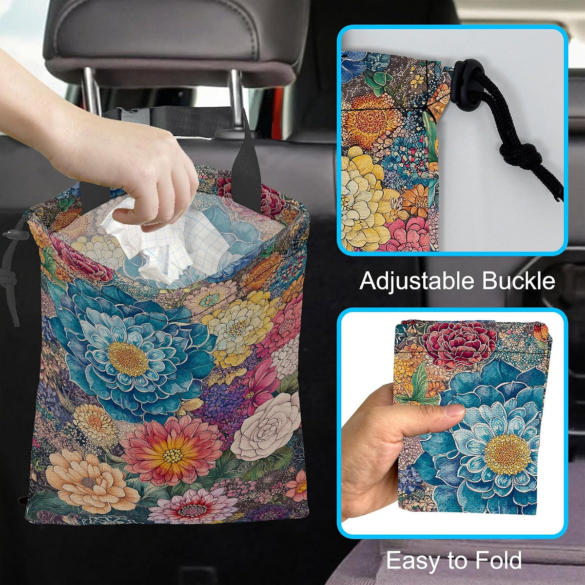 Car Trash Bag Hanging Blooming Flowers Car Trash Can Waterproof Garbage Bag Hanging for Car Back Seat