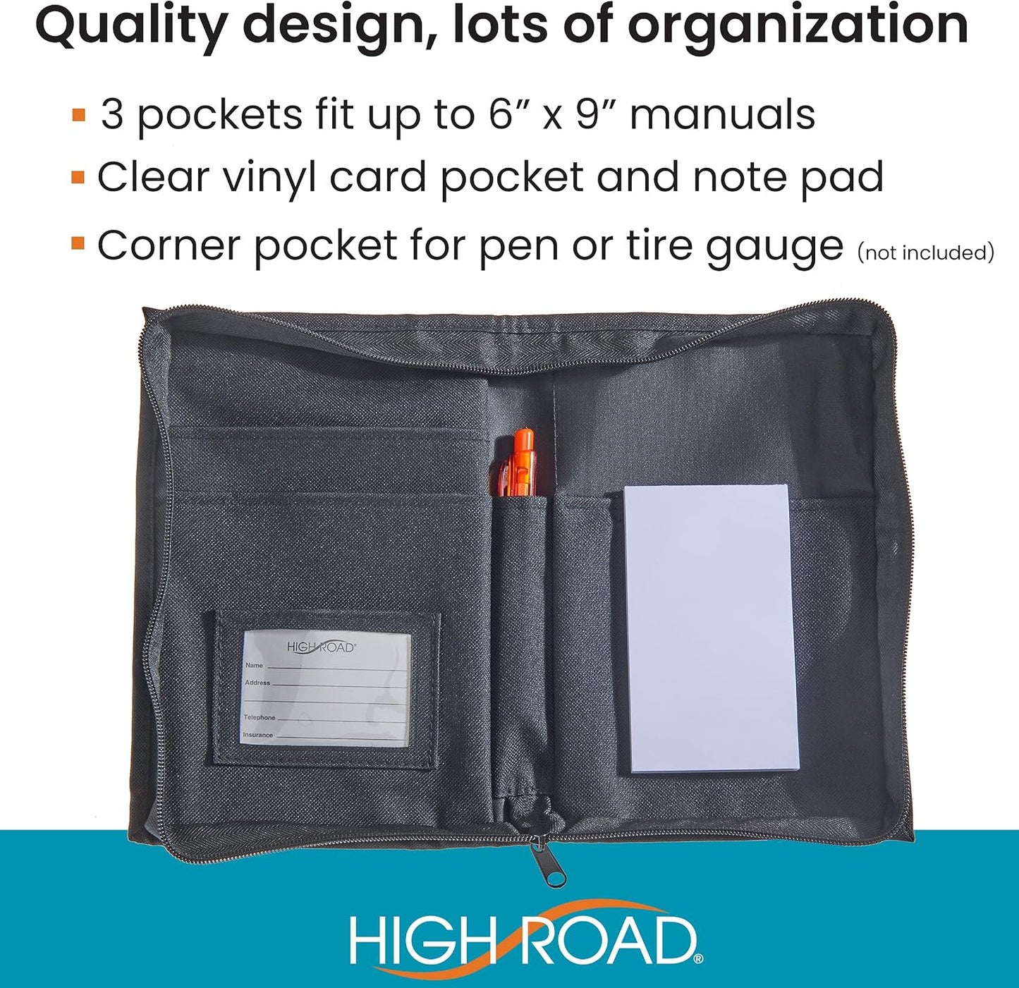 High Road Car Glove Box Organizer, Registration and Insurance Document Holder and Car Manual Holder with Flexible Secure Zippered Case and Note Pad