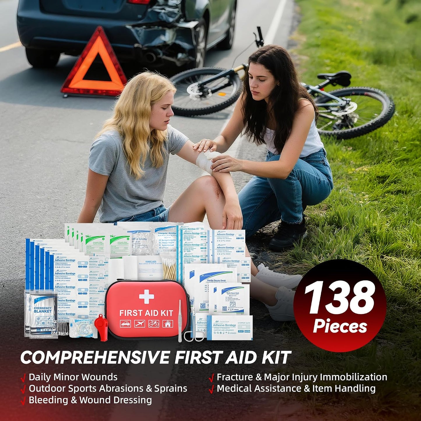 Car Emergency Safety Kit Bag with Portable Air Compressor, Jumper Cables,First Aid Kit, Winter Vehicle Roadside Emergency Kit with Snow Brush and Ice Scraper, for Women, Men, Teen