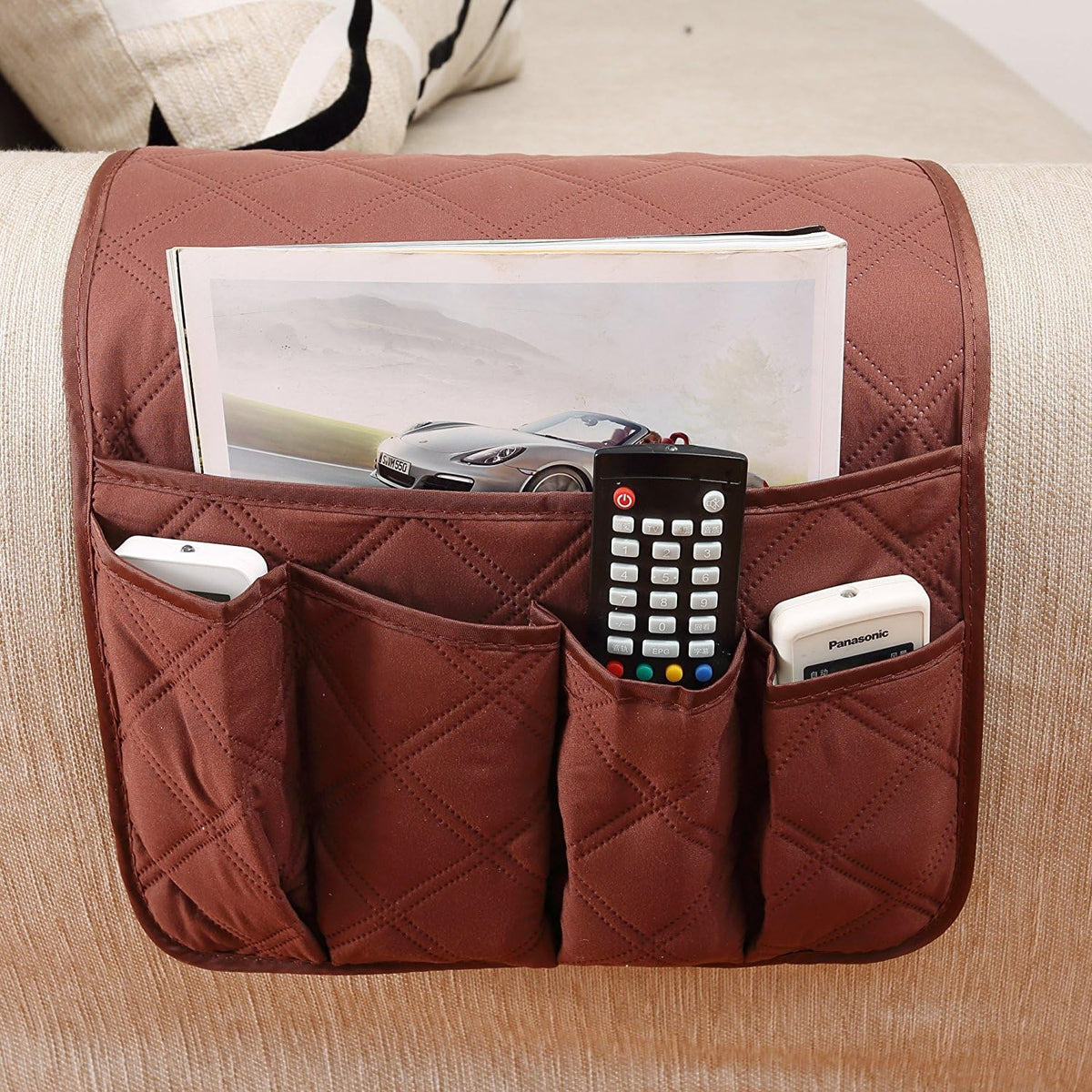 IPENNY Couch Sofa Armrest Organiser Chair TV Remote Holder Bed Storage Pocket Bag for Cellphone Tablet Notepad Book Magazines DVD Eyewears Drinker Snacks Holder Pouch