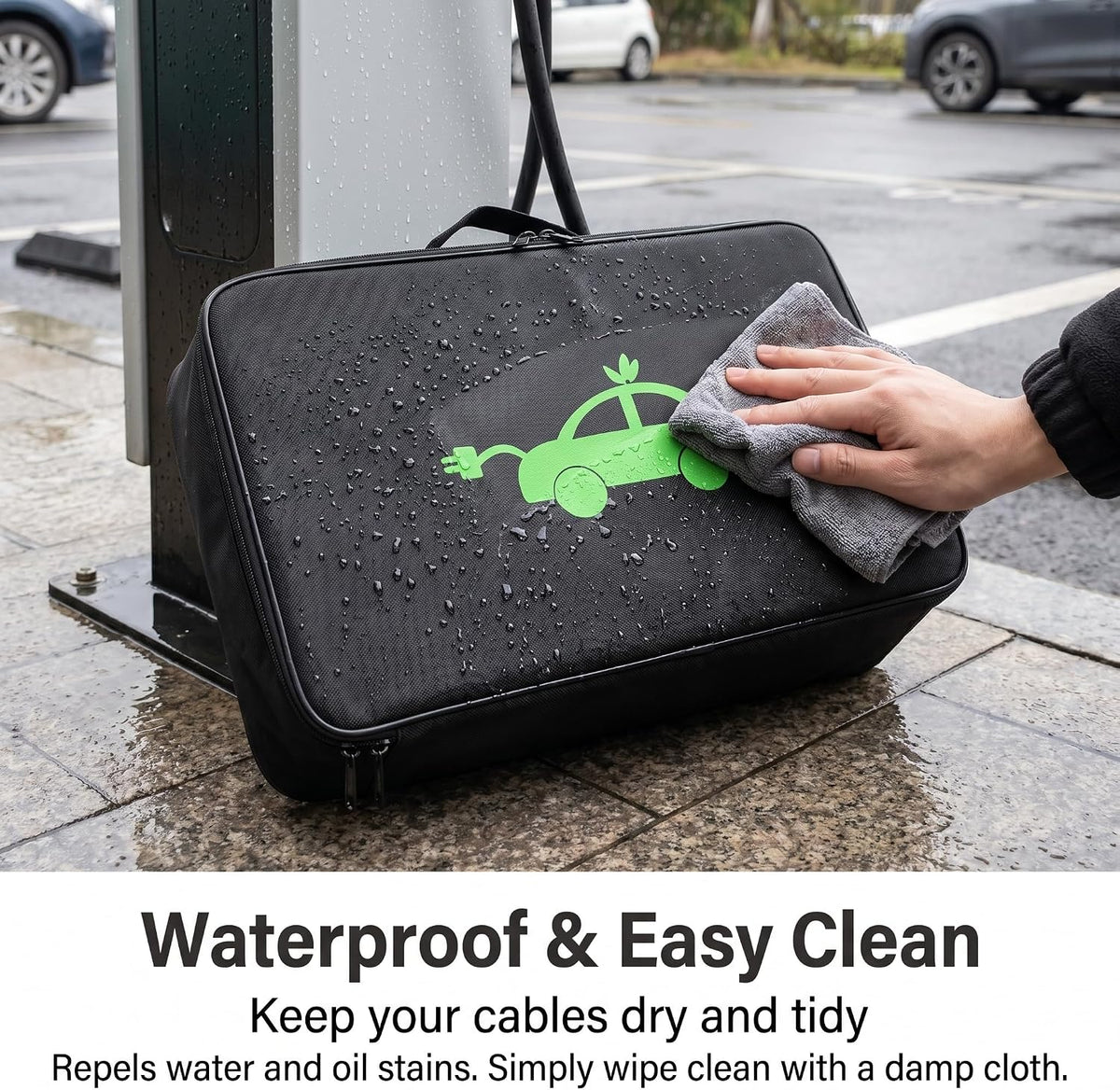 1 Pack EV Charging Cable Storage Bag, Oxford Cloth Charging Cable Bag with Dual Metal Zipper, Portable Jumper Carry Case for Electric Car RV Camper Trailer Accessories (Black)