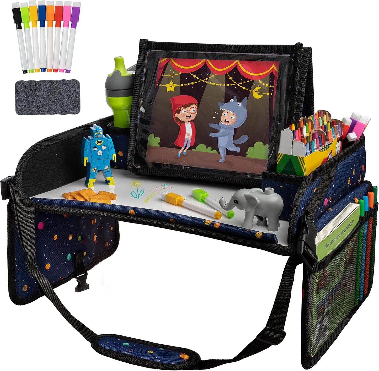 Lusso Gear Car Seat Activity Tray - Dry-Erase Top & Toddler Travel Essential - Mesh Pockets & Car Back Seat Organizer - Cup Holder & Road Trip Essentials for Kids - 600D Oxford Material