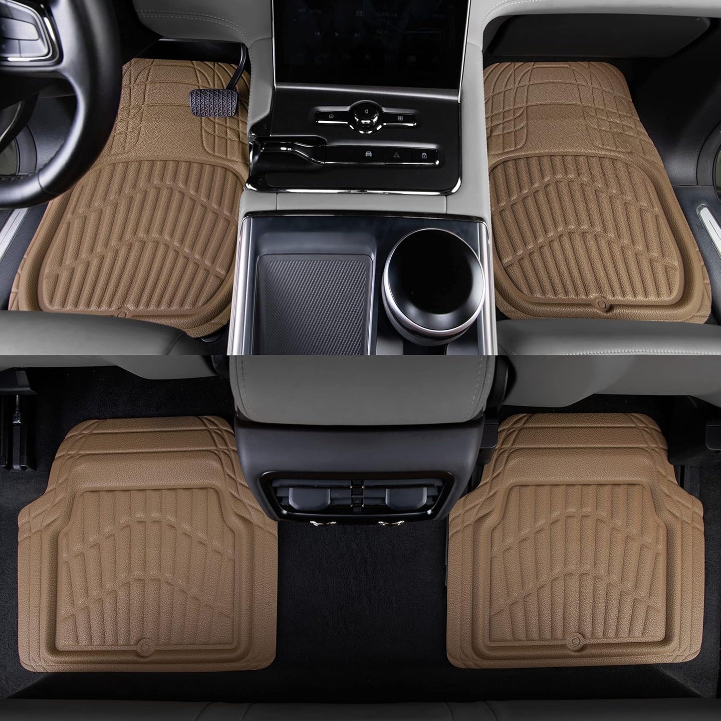 CASS Pass 4 Piece Leather Car Floor Mats -3D Waterproof All Weather, Universal Trim to Fit & Anti-Slip Burr Bottom Safety & Light Easy Clean Install for SUV Truck Auto Sedan Van (Beige)