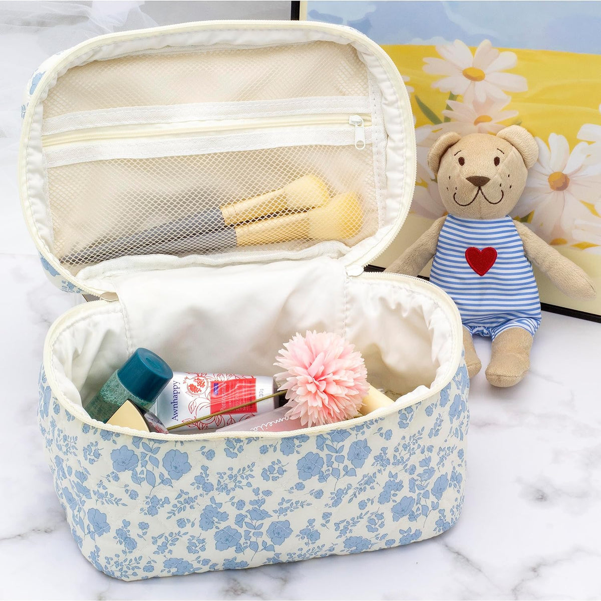 3 Piece Quilted Makeup Bag Set for Women,Cosmetic&Toiletry Bag,Flower Blue