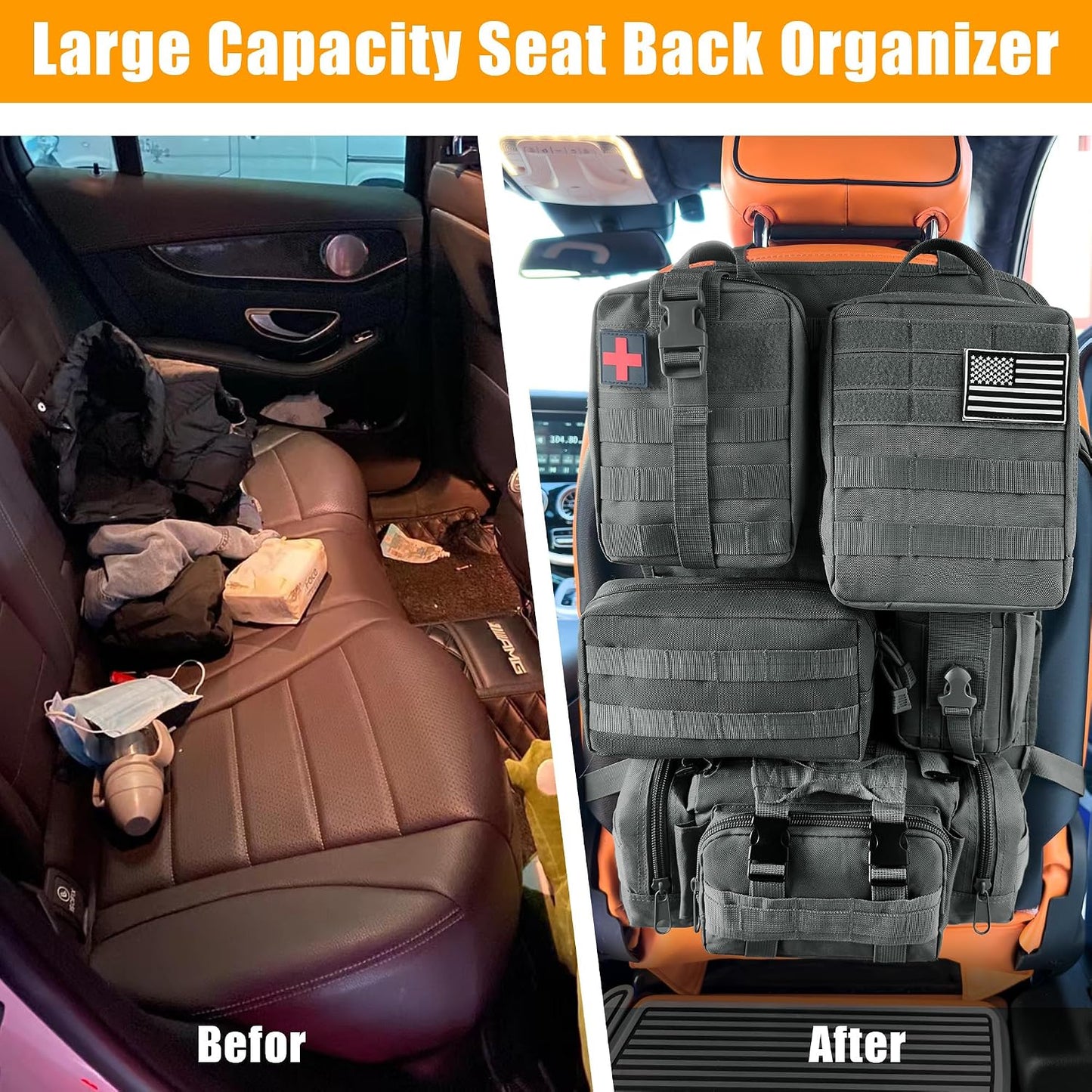 6 Pack Tactical MOLLE Car Seat Back Organizer - Universal Vehicle Storage Bag with 5 Detachable MOLLE Pouches, US Flag Patch & Keychain, Fits Jeep, Truck, SUV, Car (Black)