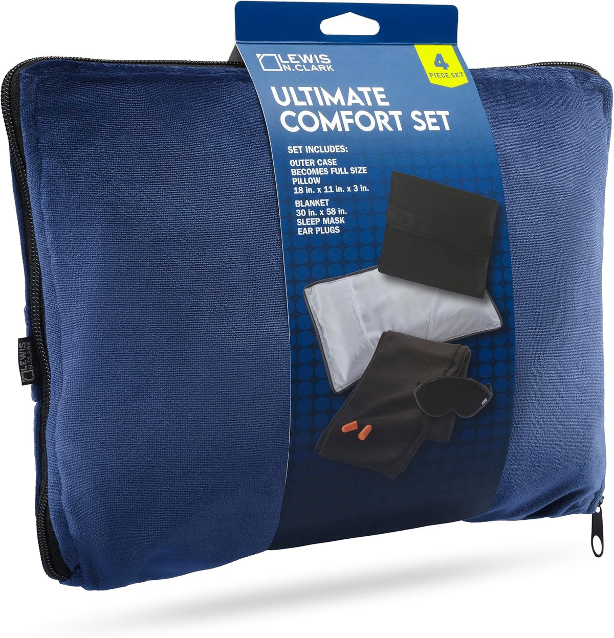 Lewis N. Clark Ultimate Comfort Set + Portable Travel Kit for Airplane, Includes Inflatable Pillow + Zippered Carrying Case, Cozy Fleece Blanket, Eye Mask for Sleeping & Foam Ear Plugs, Navy