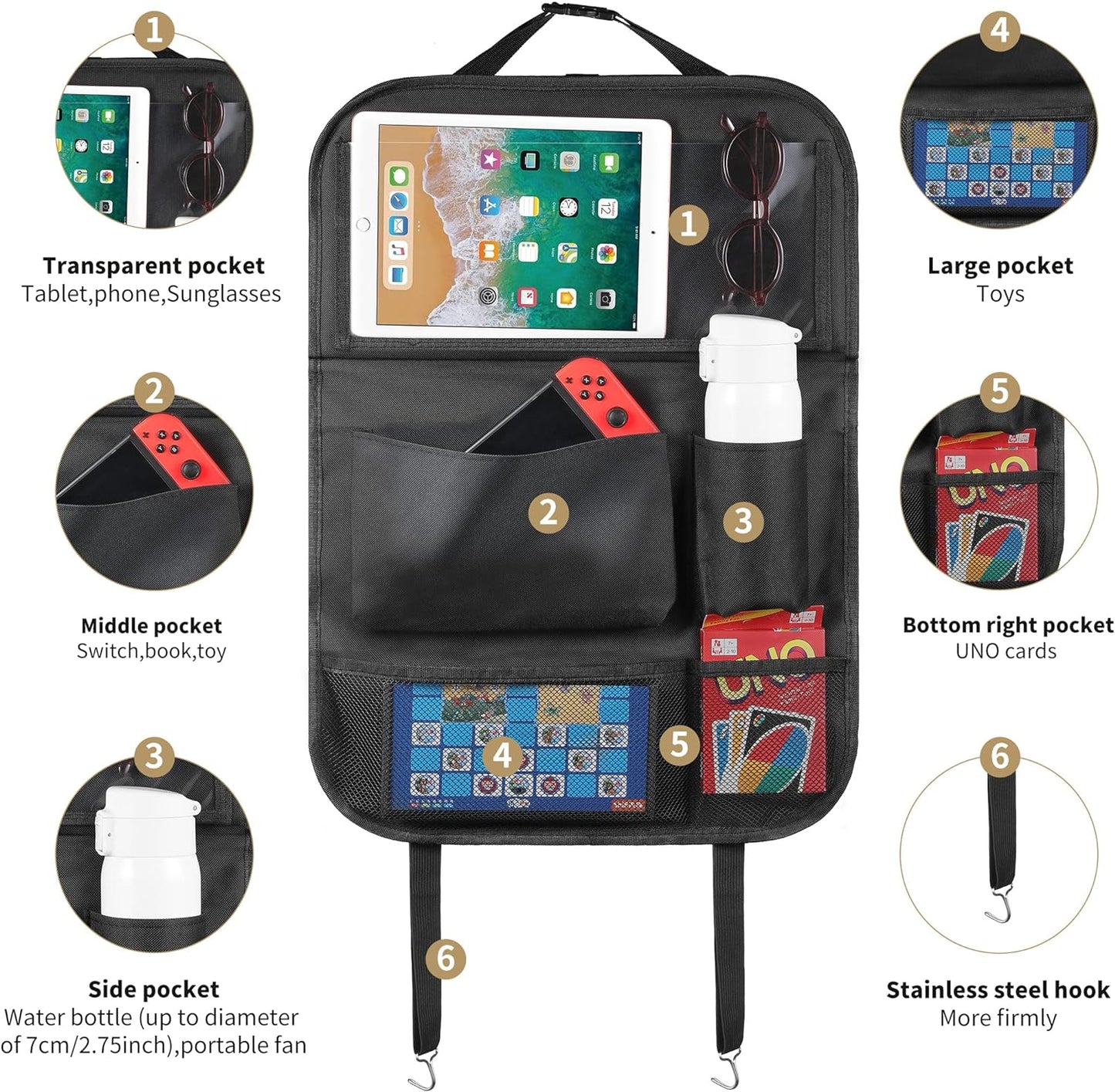 LUCMO Car Backseat Organizer with Foldable Tablet Holder, Black | 6 Storage Pockets,Foldable Food Tray,Protectors Kick Mats,Travel Accessories,Seat Cover,Road Trip Essentials