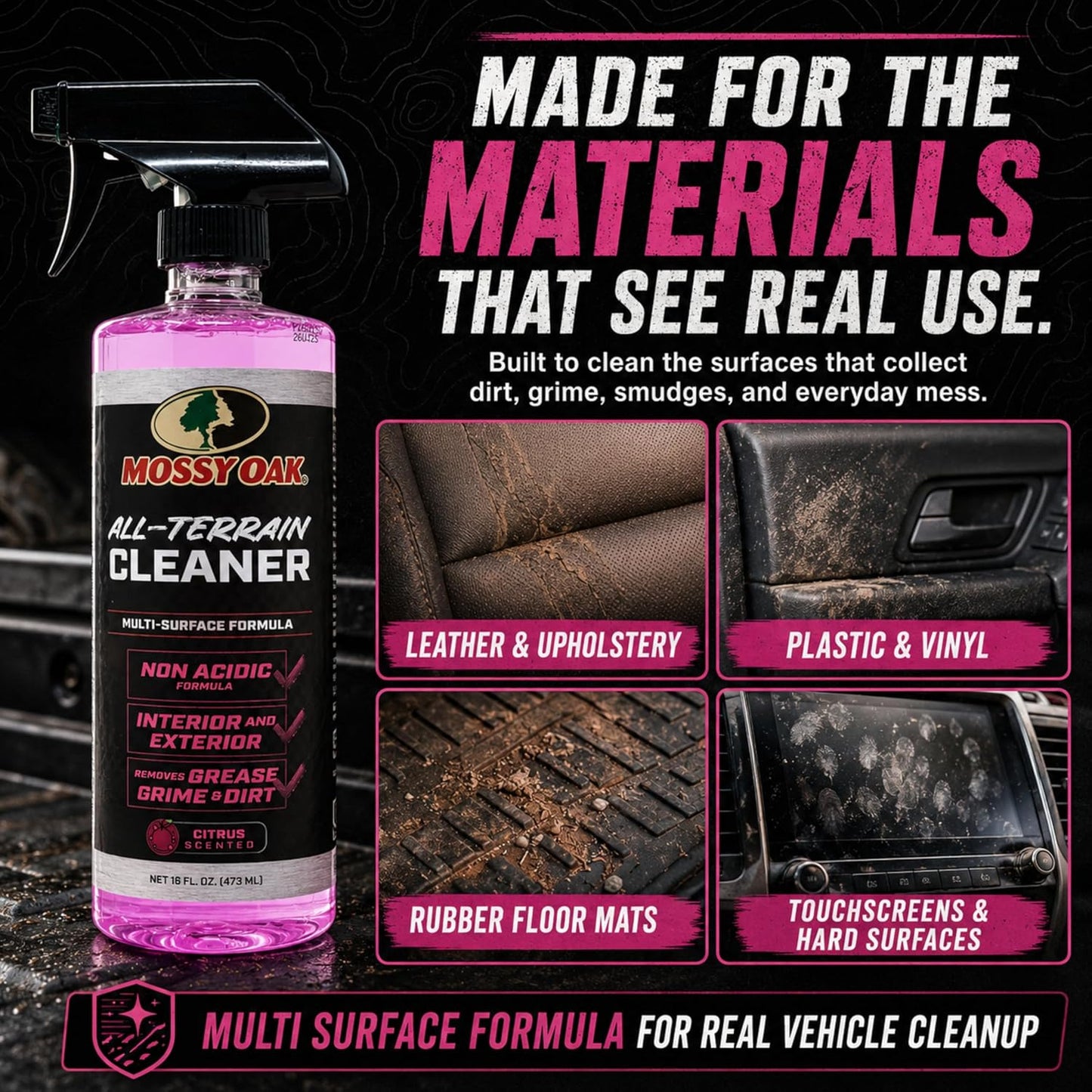 Mossy Oak All-Terrain Cleaner, All-Purpose Interior and Exterior Spray for Trucks SUVs Cars Jeeps UTVs & ATVs, Cleans Plastic Vinyl Rubber Carpet Upholstery & Hard Surfaces, Made in USA, 16 oz