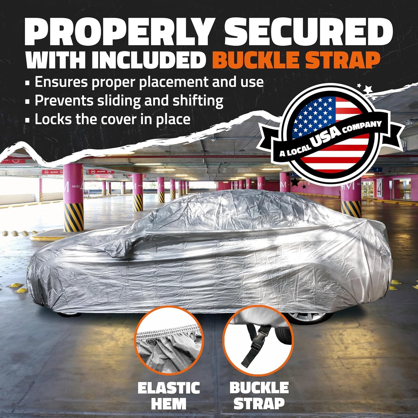 Mockins 200"x75"x60" 190T Polyester Soft Large Car Cover for Sedan Defense | Outdoor & Indoor Car Covers for Automobiles with Buckle Strap| Full Exterior Covers for Snow, Frost, UV, Dust & Light Rain