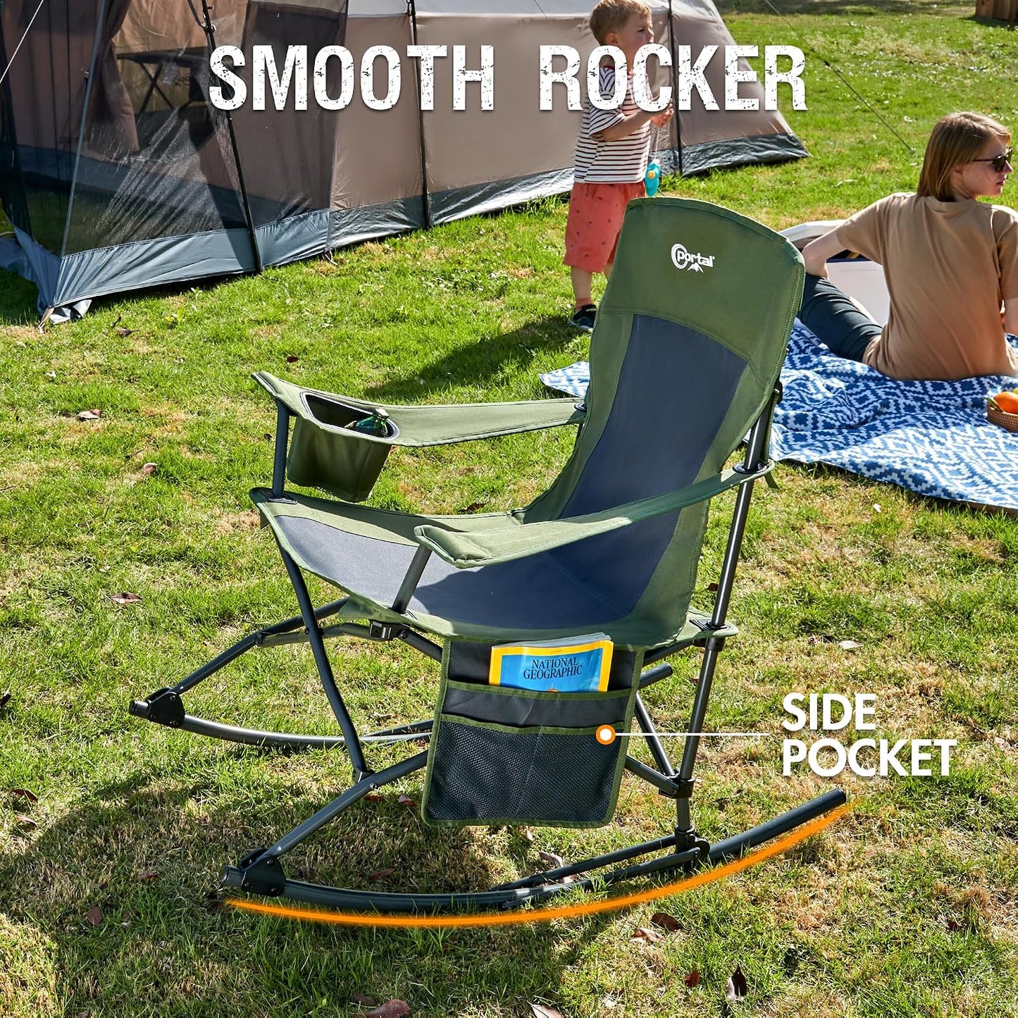 Portal Outdoor Rocking Chair Camping Folding Portable Rocker with Cup Holder Side Pocket Carry Bag, Support 350LBS (Green)