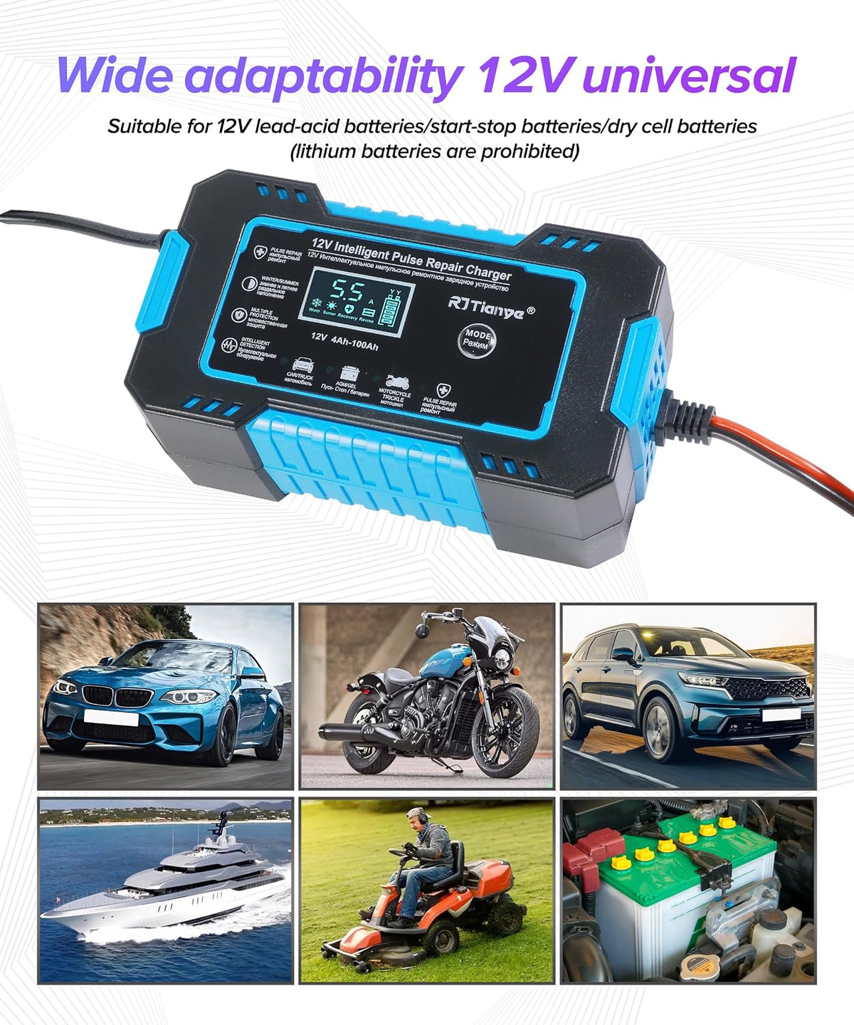 Car Battery Charger,Car Accessories Universal Portable 12V 6A Automatic Smart Battery Trickle Charger with LCD Display,Automotive Tool,Suitable for Most Cars,SUVs,MSedans,Trucks,Minivans (Blue)