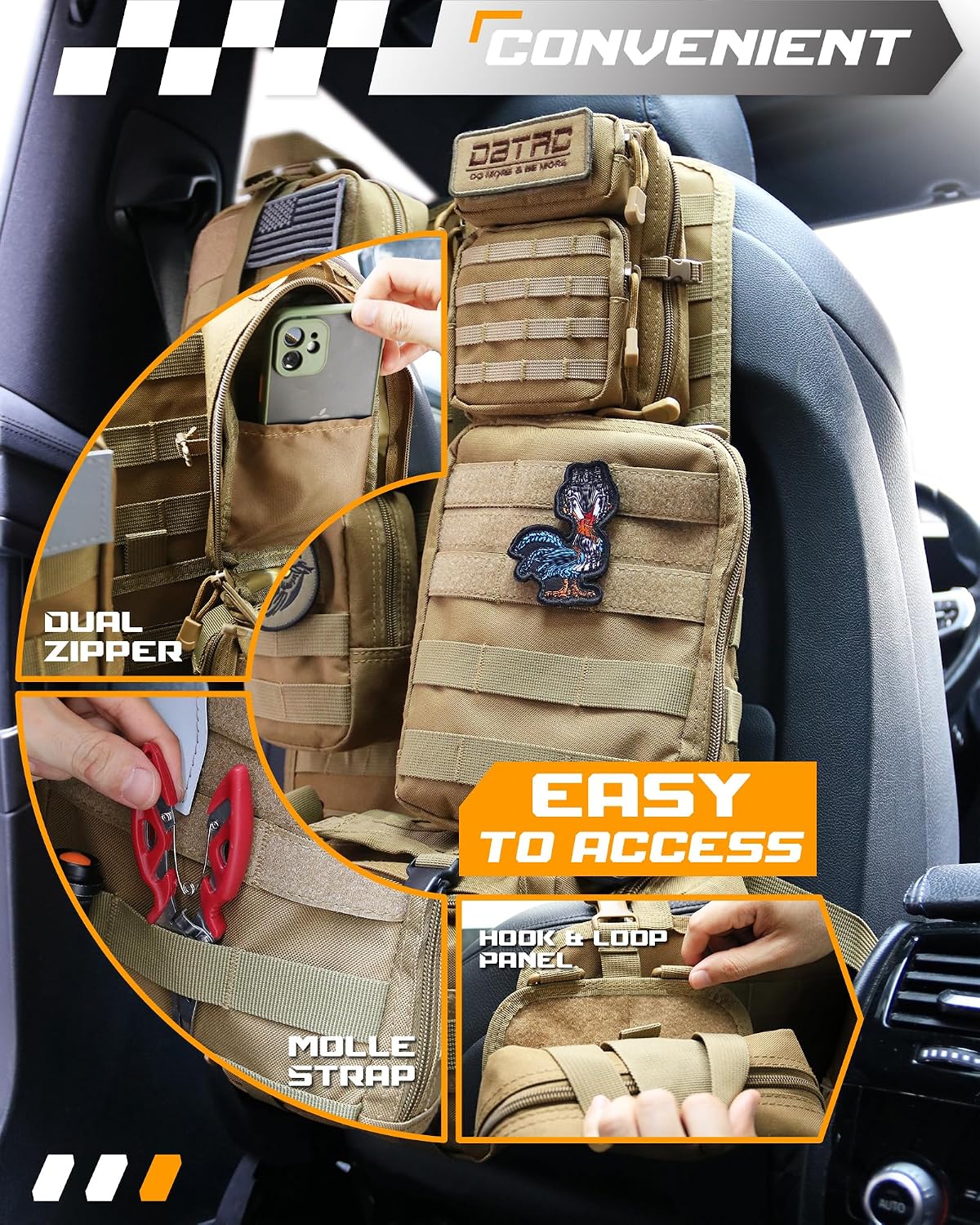 DBTAC Tactical Molle Car Seat Organizer | Vehicle Back Panel with 5X Detachable Pouches, US Flag & Writable Reflective Patch for Cars, Trucks, SUVs, Sedans