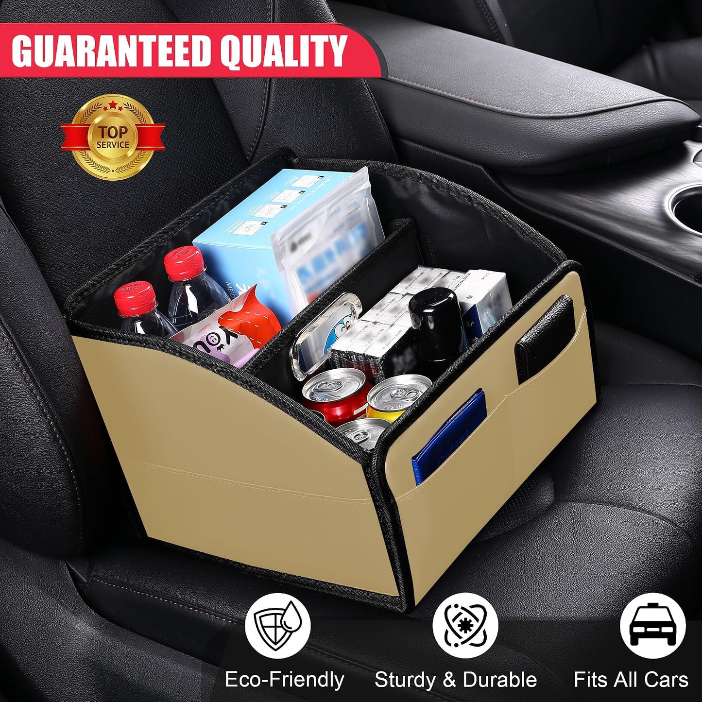Car Storage Organizer [2025 UPDATED] Leather Car Caddy Basket for Front Seat Floor Back Seats Metal Handle 6 Compartments Adjustable Strap Buckles Slip-Resistant (Beige)